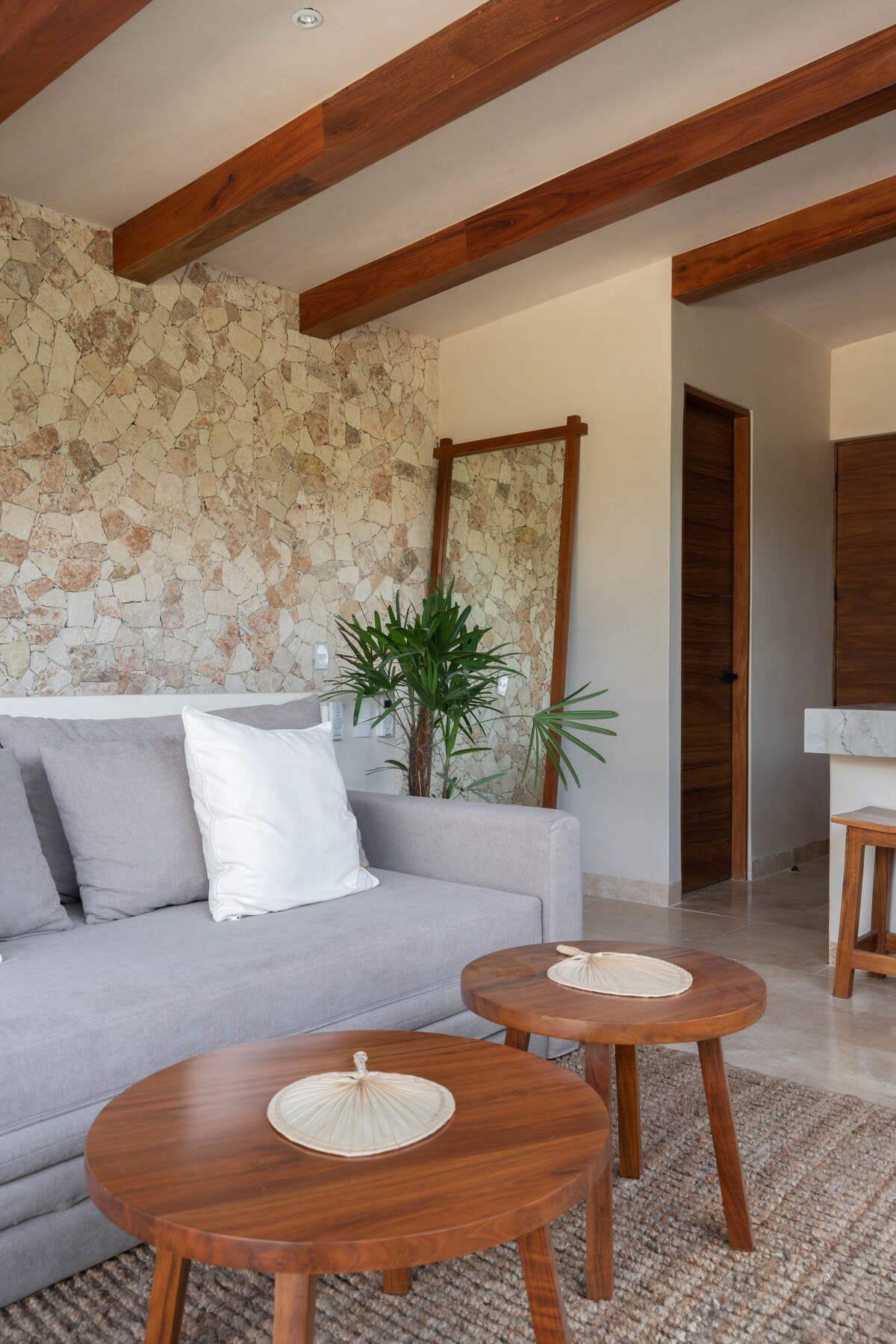 MAIN FLOOR - 
LIVING ROOM, TERRACE + PRIVATE POOL & GRILL, KITCHEN