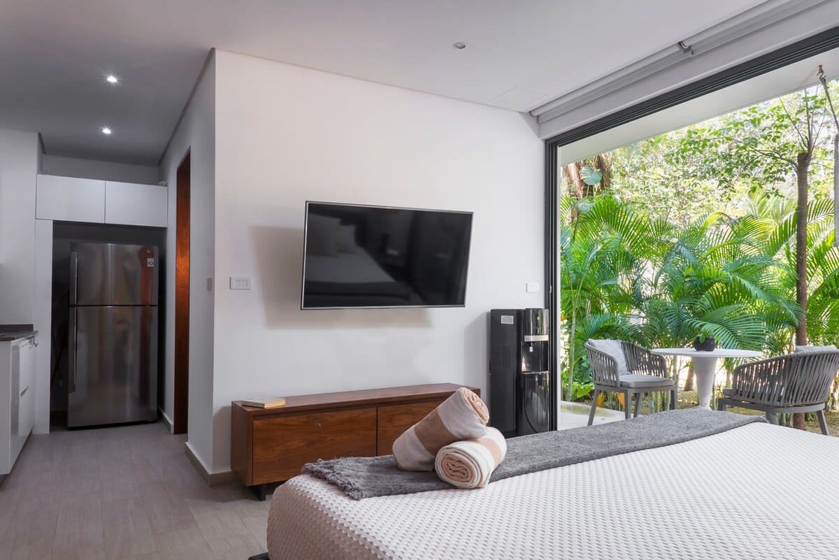 Studio with a king-size bed, TV, and closet.