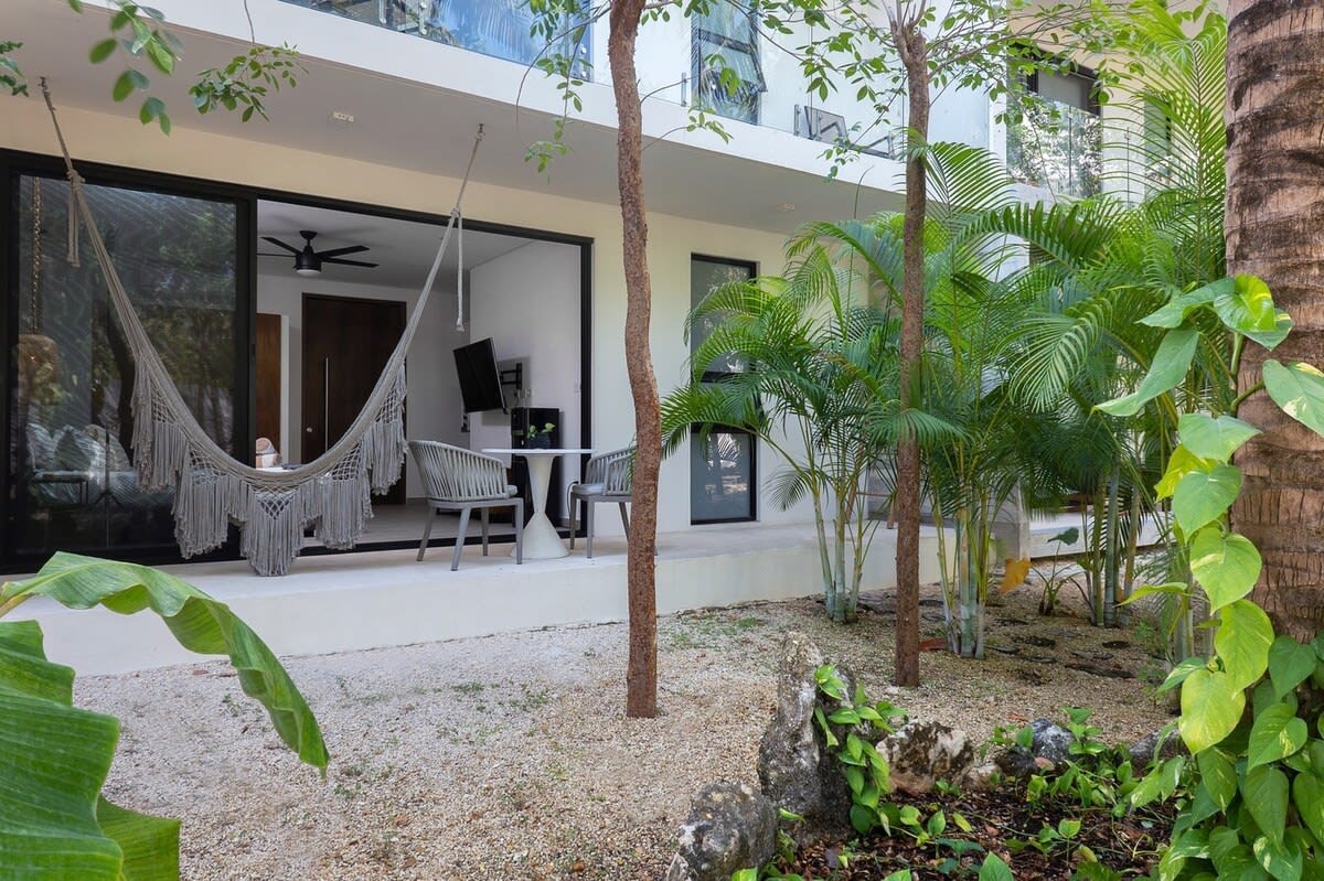 Patio with a hammock.