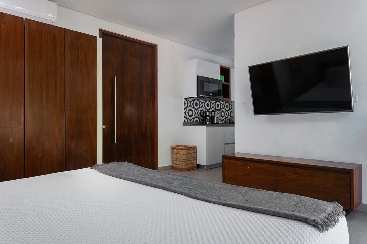 Studio with a king-size bed, TV, and closet.