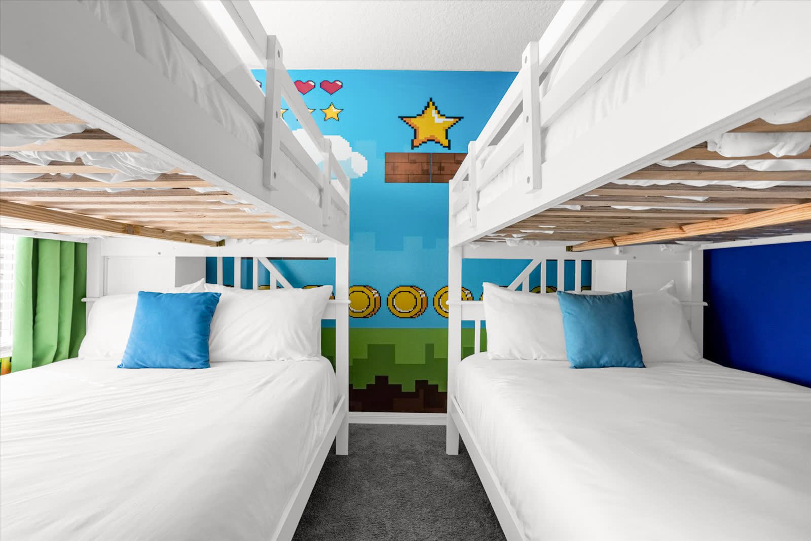 Mario Bros themed kids room with two bunk-beds