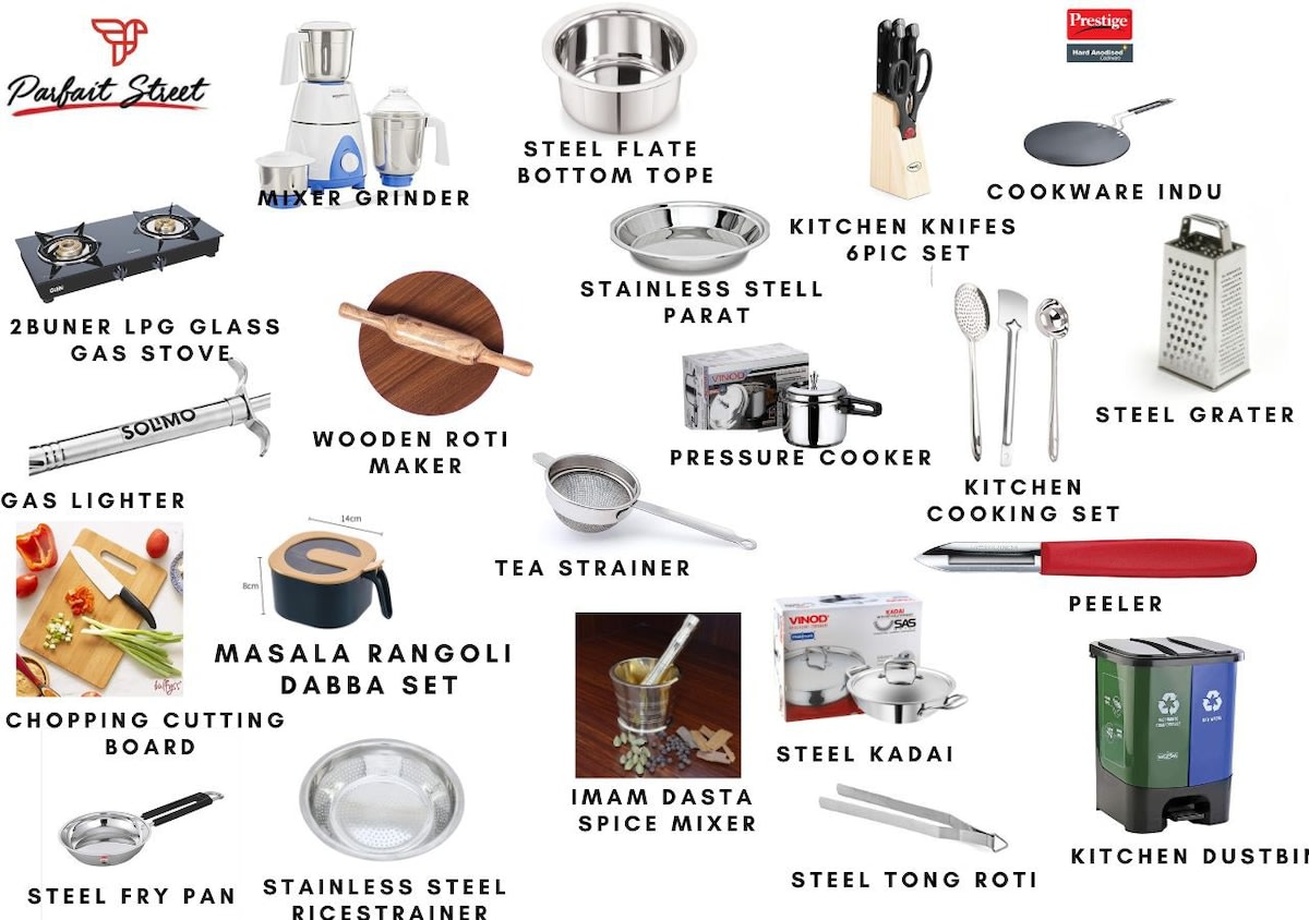 An image displaying various kitchen amenities, including a stove, refrigerator, microwave, sink, and countertop space, offering a well-equipped cooking area