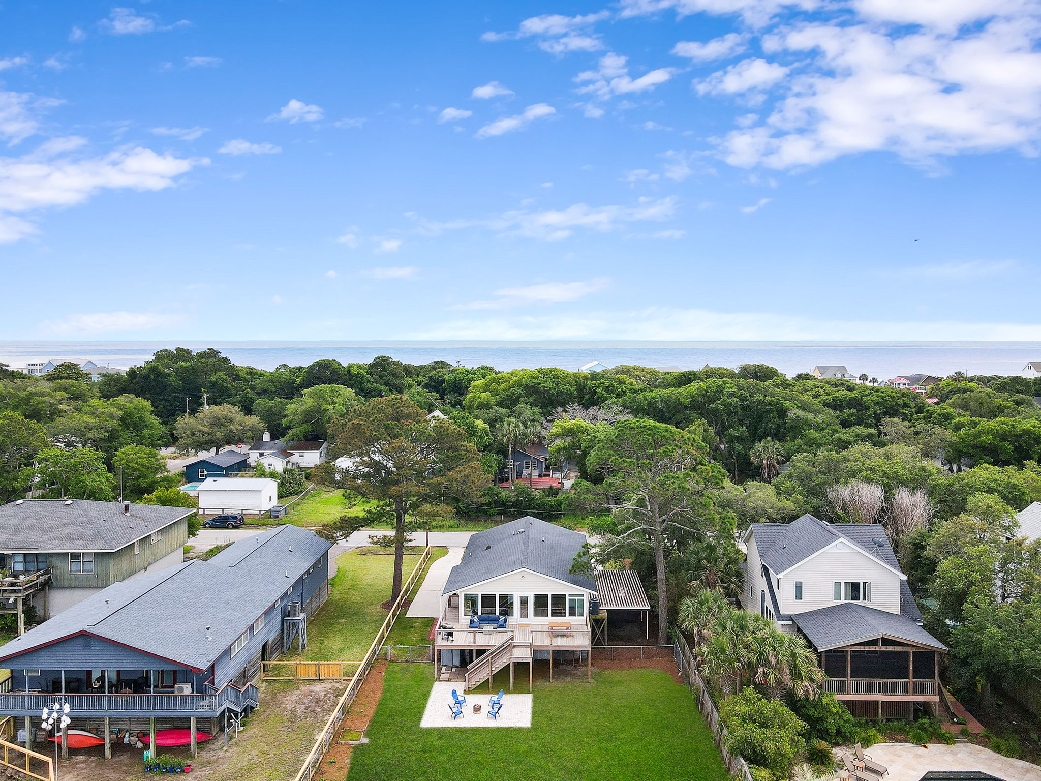 Aerial view of the house. Close walking distance to the beach!