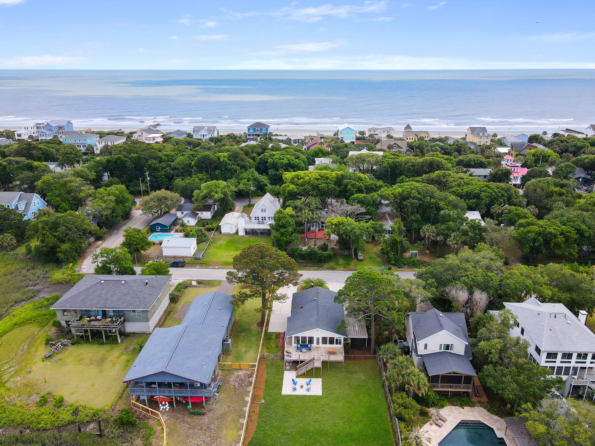 Aerial view of the house. Close walking distance to the beach!