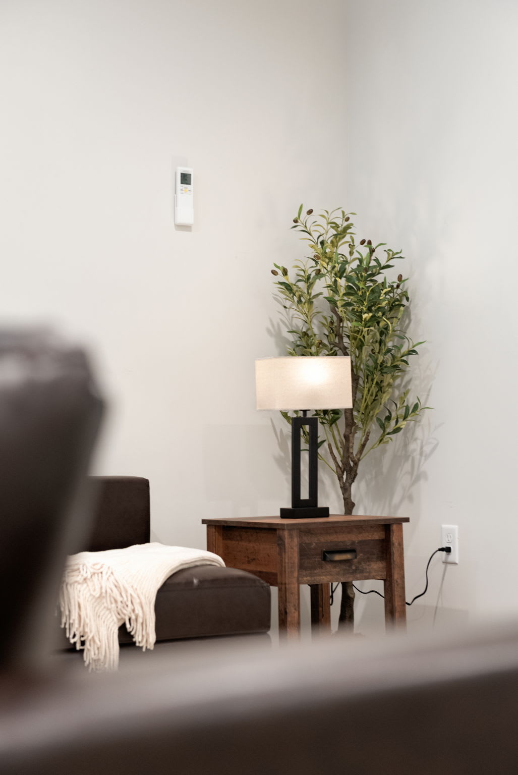 Simple and inviting with soft lighting and greenery. A quiet little nook that warms up the whole room.