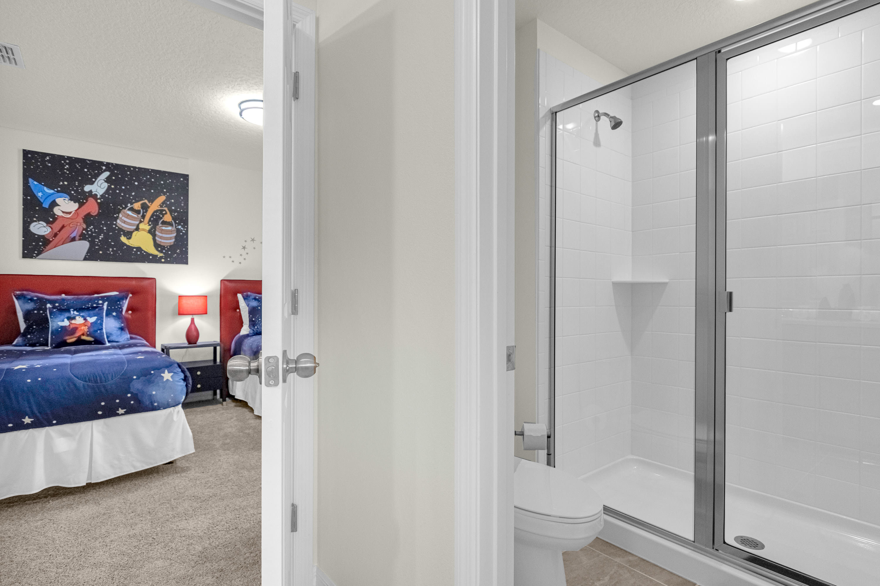 Bathroom connects kids room with previous bedroom
