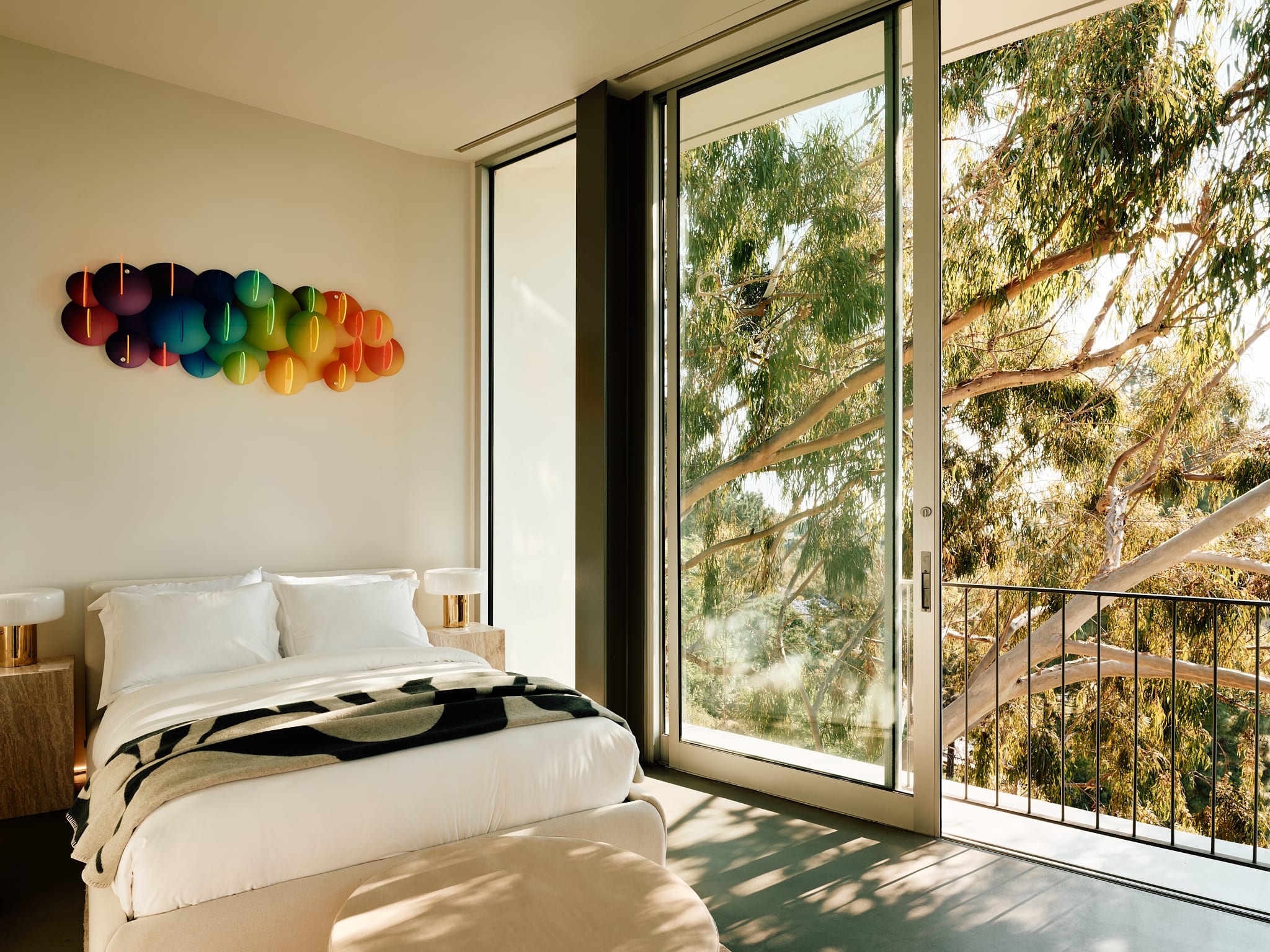 High-tech amenities including smart home controls and a large HDTV.