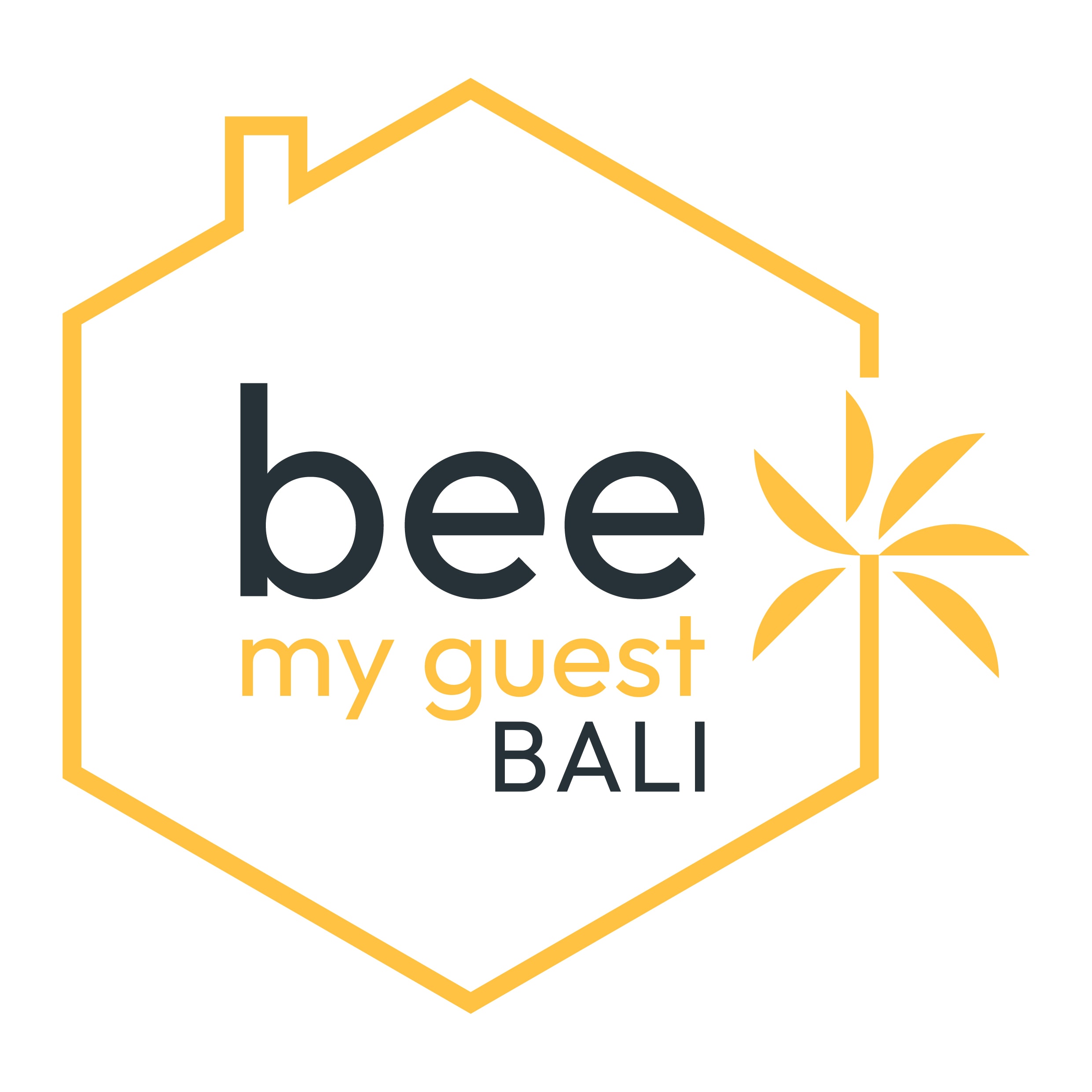 The logo for bee my guest bali shows a house and a sun