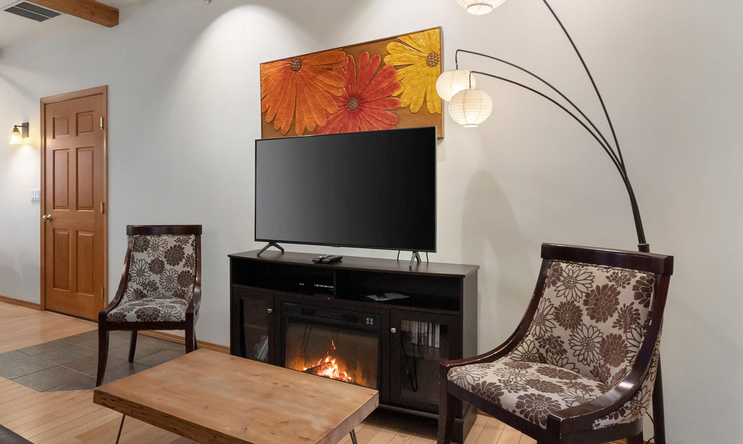 Electric fireplace in lower living area
