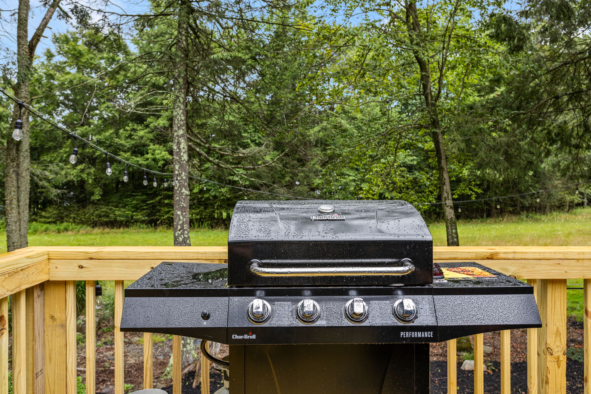 Outdoor BBQ & Grilling Station – A sleek black grill set up on a spacious wooden deck, offering the perfect spot for outdoor cooking with scenic forest views.