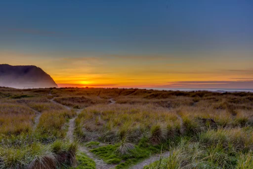 A breathtaking sunset casts warm orange and yellow hues across the horizon, illuminating a vast expanse of grassy dunes leading to the ocean. A misty mountain silhouette is visible in the distance under a gradient sky.