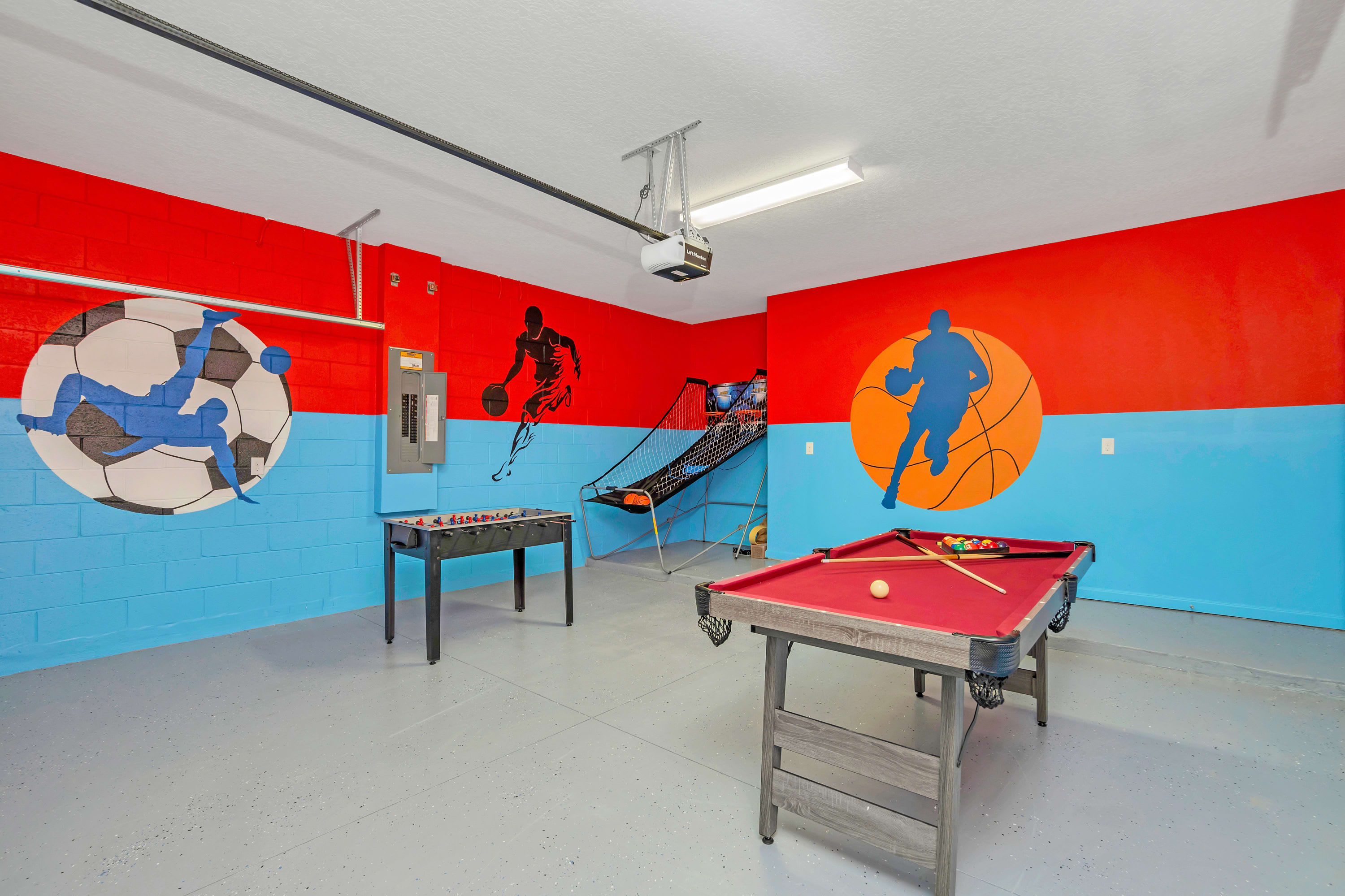 Fun Games Room with Pool Table and Hoops