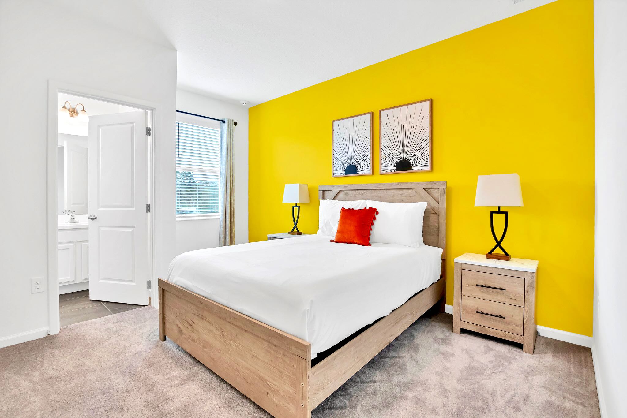Full Bedroom With Cheerful Yellow Accents And Ample Space