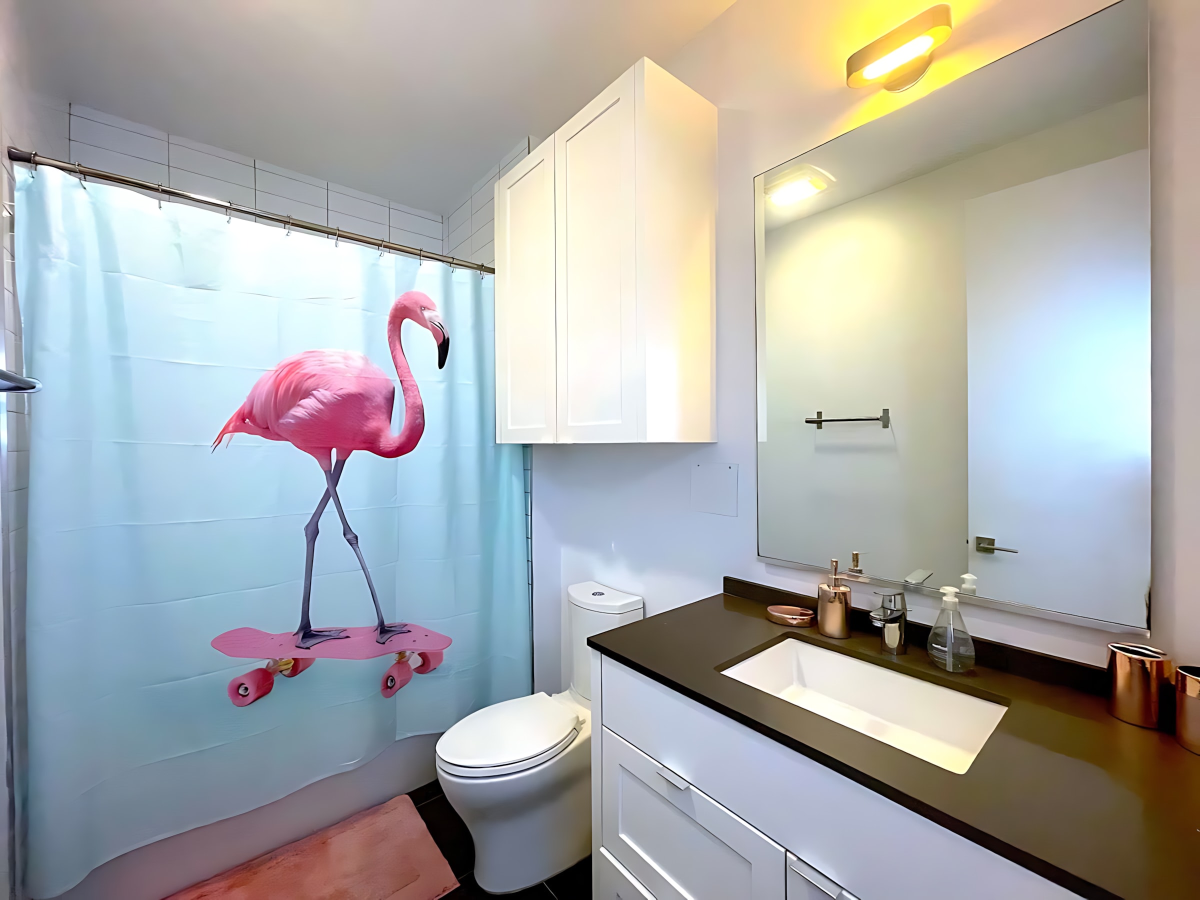 Vibrant Bathroom With Quirky Art And Elegant Storage Solutions