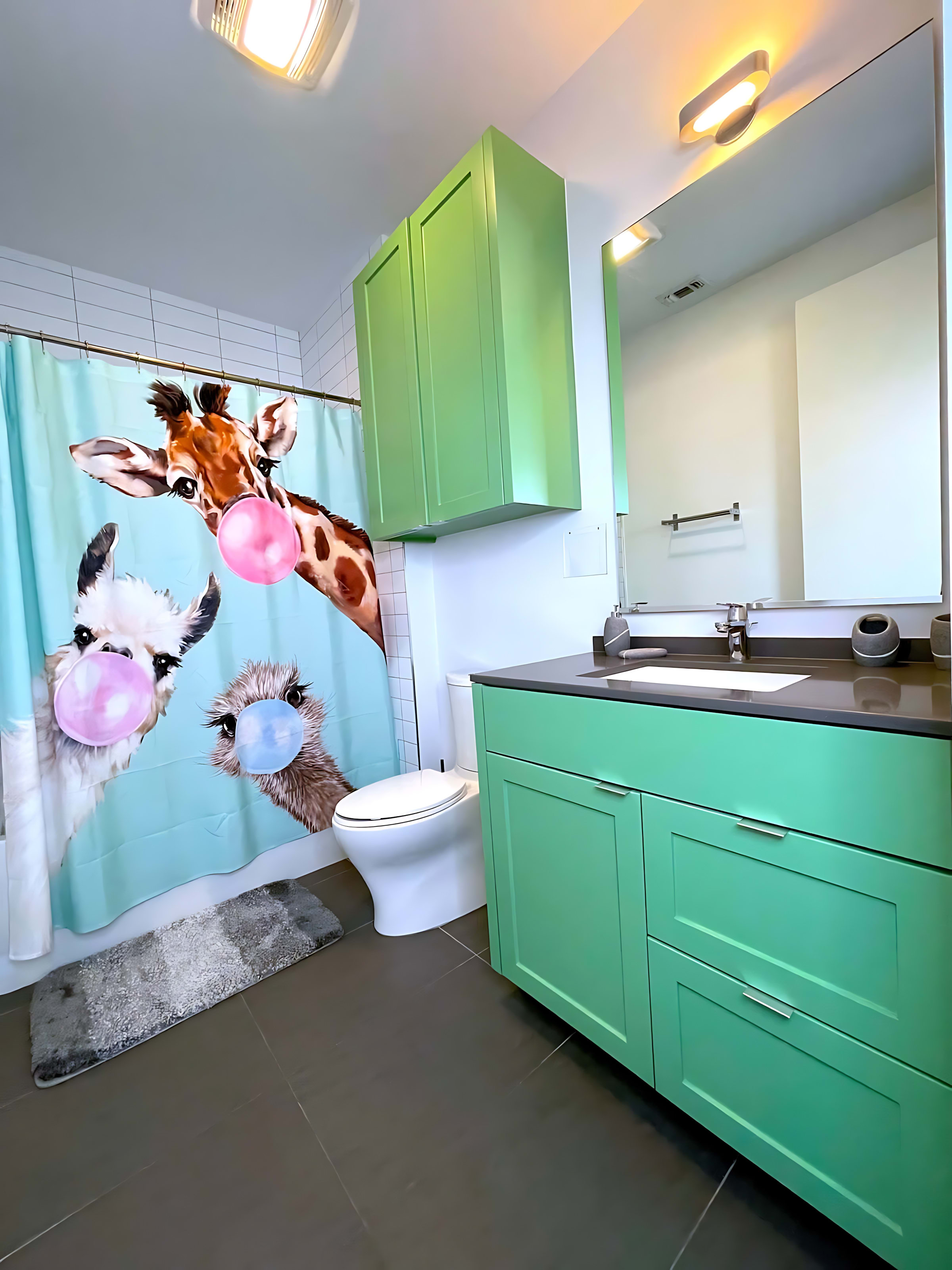 Colorful Bathroom With Quirky Animal Art And Stylish Green Cabinets