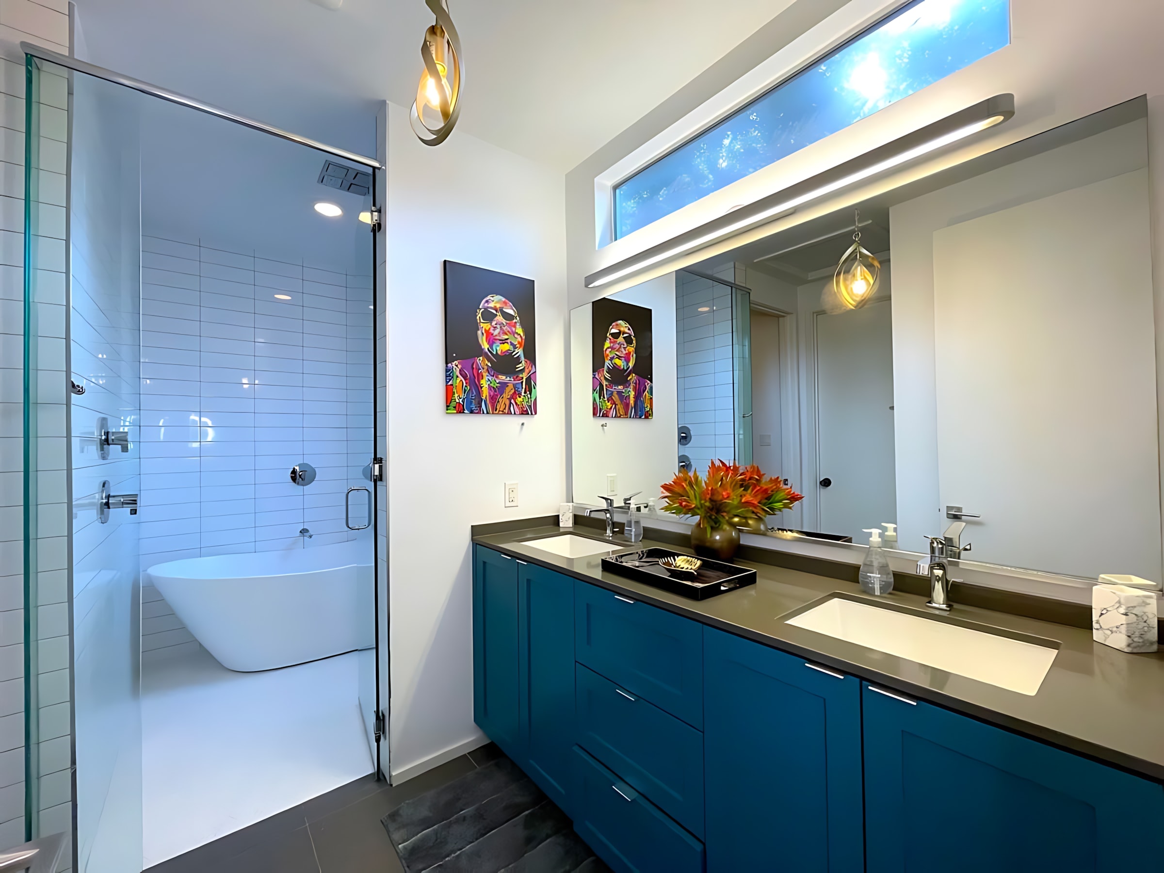 Elegant Bathroom With A Walk-In Shower, Freestanding Tub, And Double Vanity