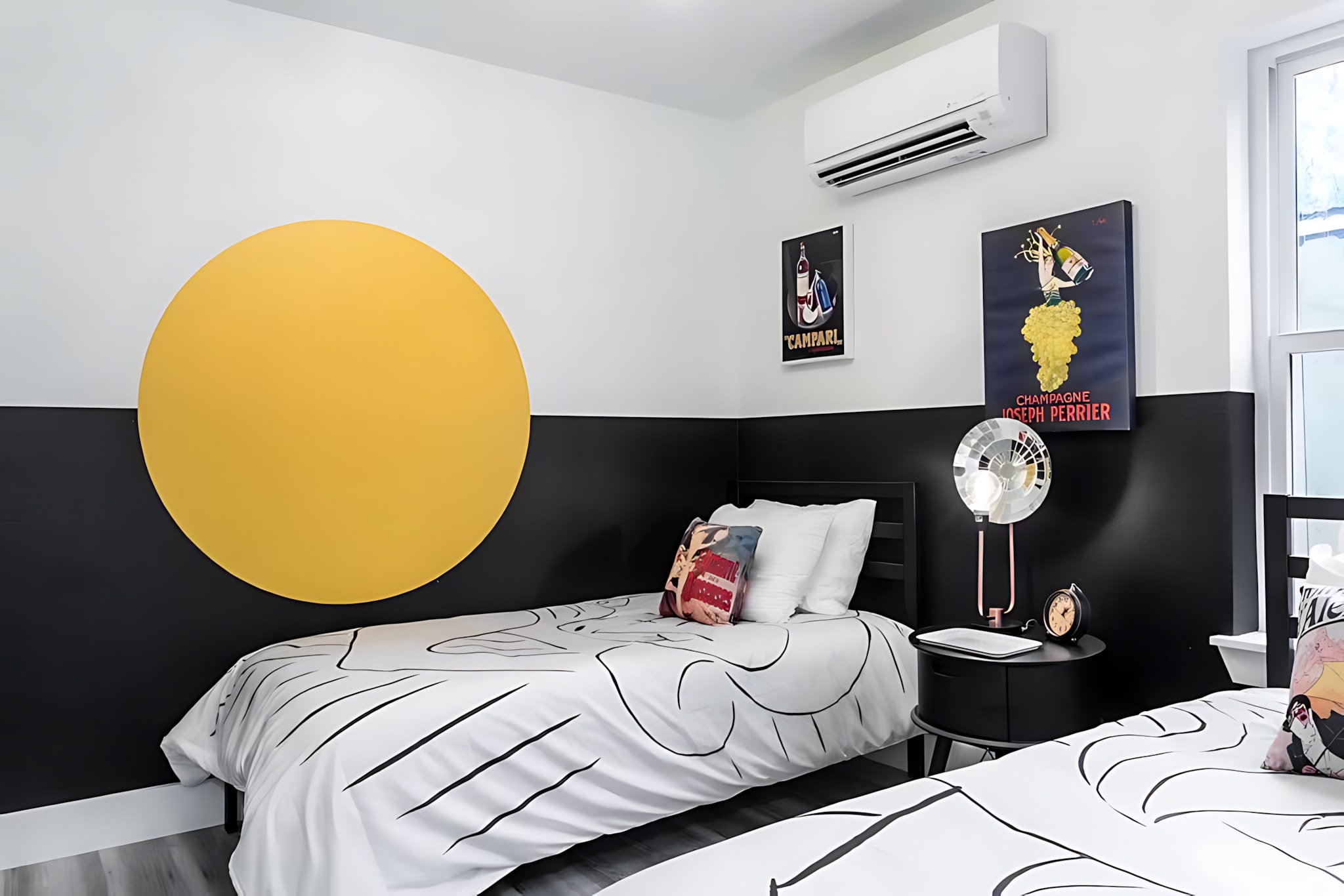 Twin Beds With A Retro Vibe And Artistic Decor