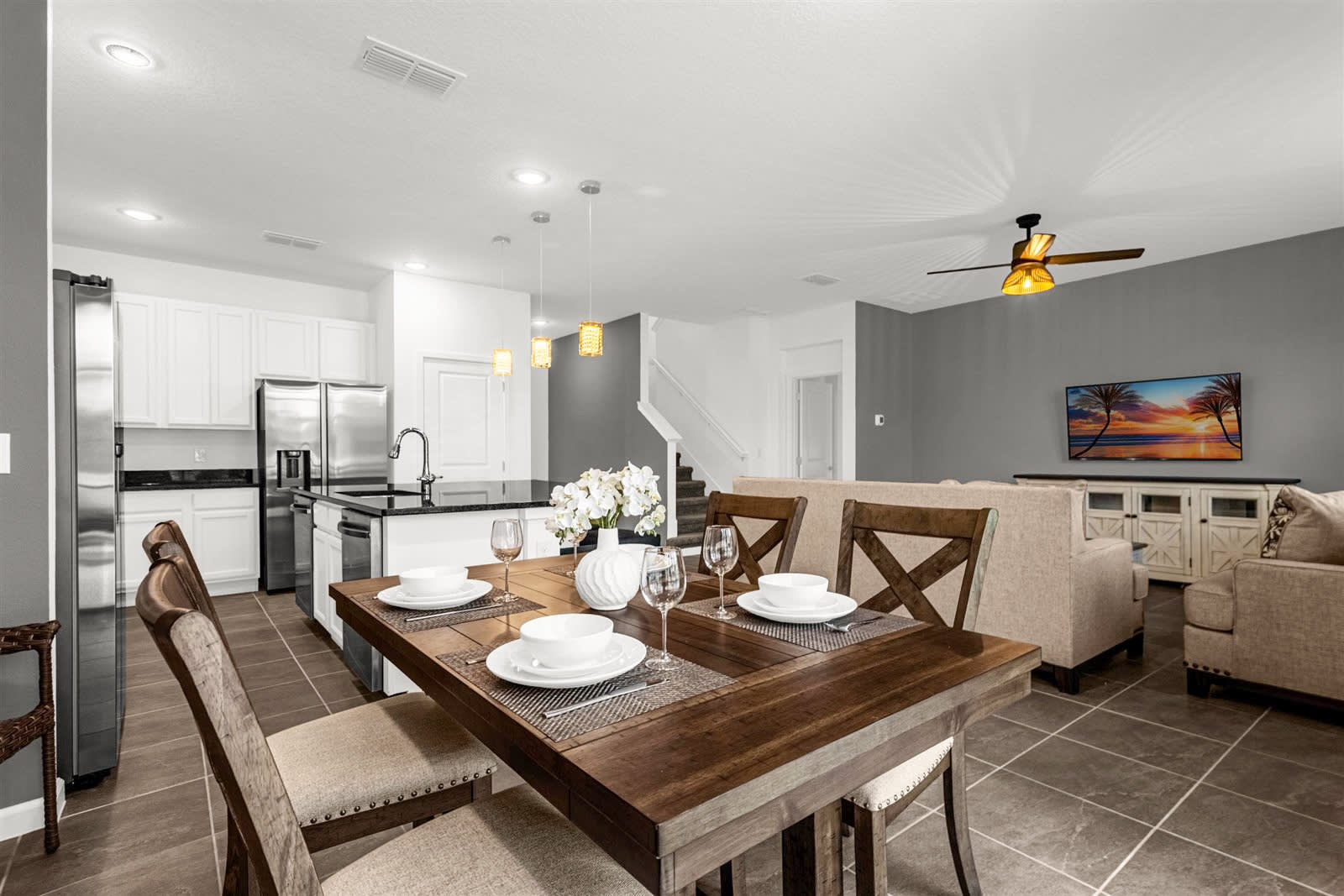 Elegant Dining Table For Six Overlooking The Cozy Living Room