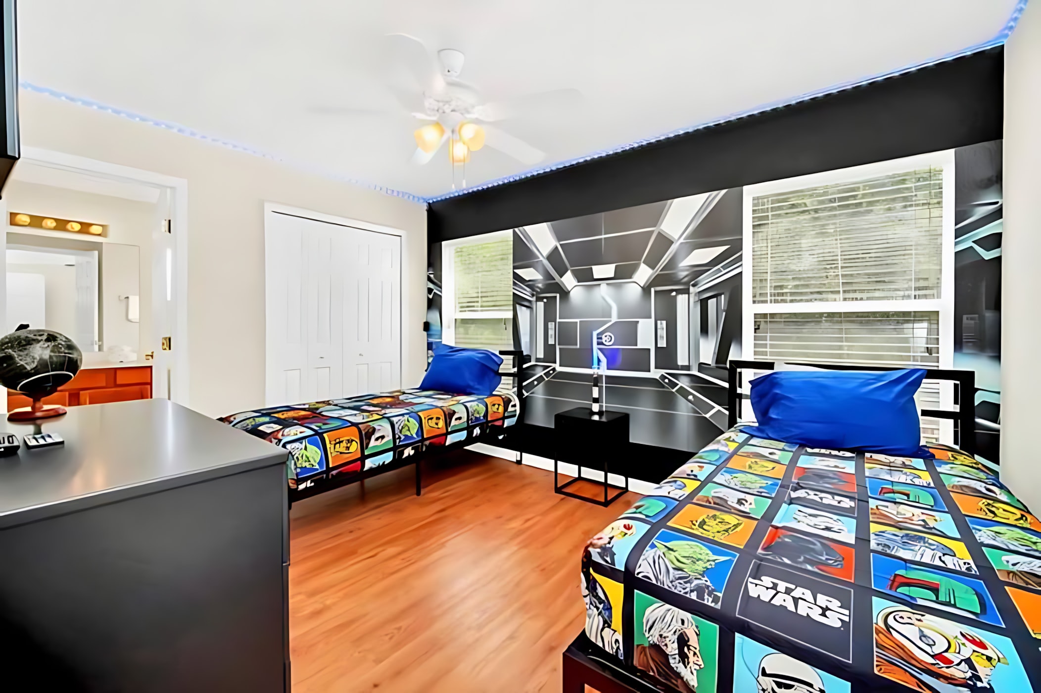Twin Bedroom With Sci-Fi Theme And Bright Ambiance