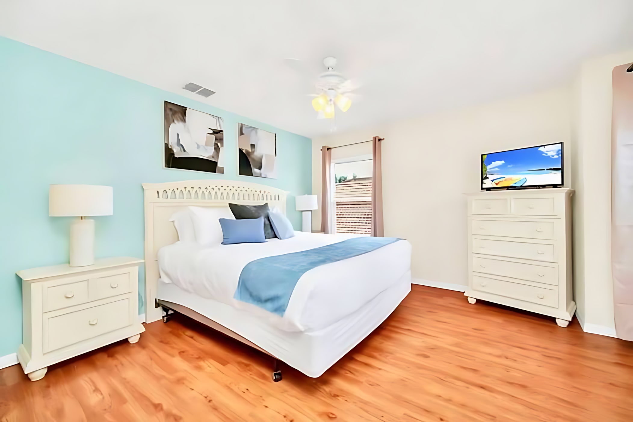 King Bedroom With Tranquil Pastel Decor And Smart TV