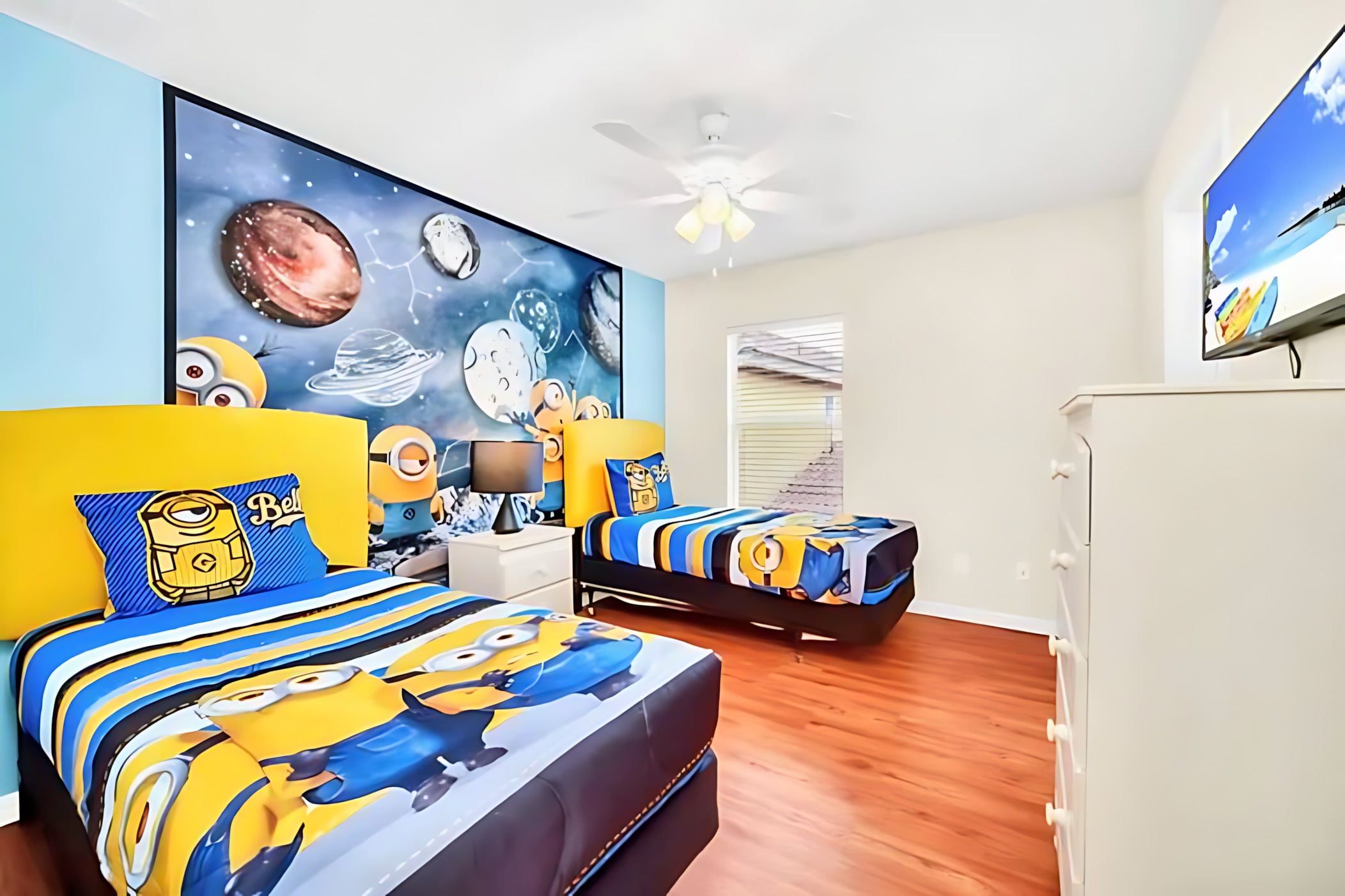 Fun Minions-Themed Room With Two Comfortable Twin Beds And Smart TV
