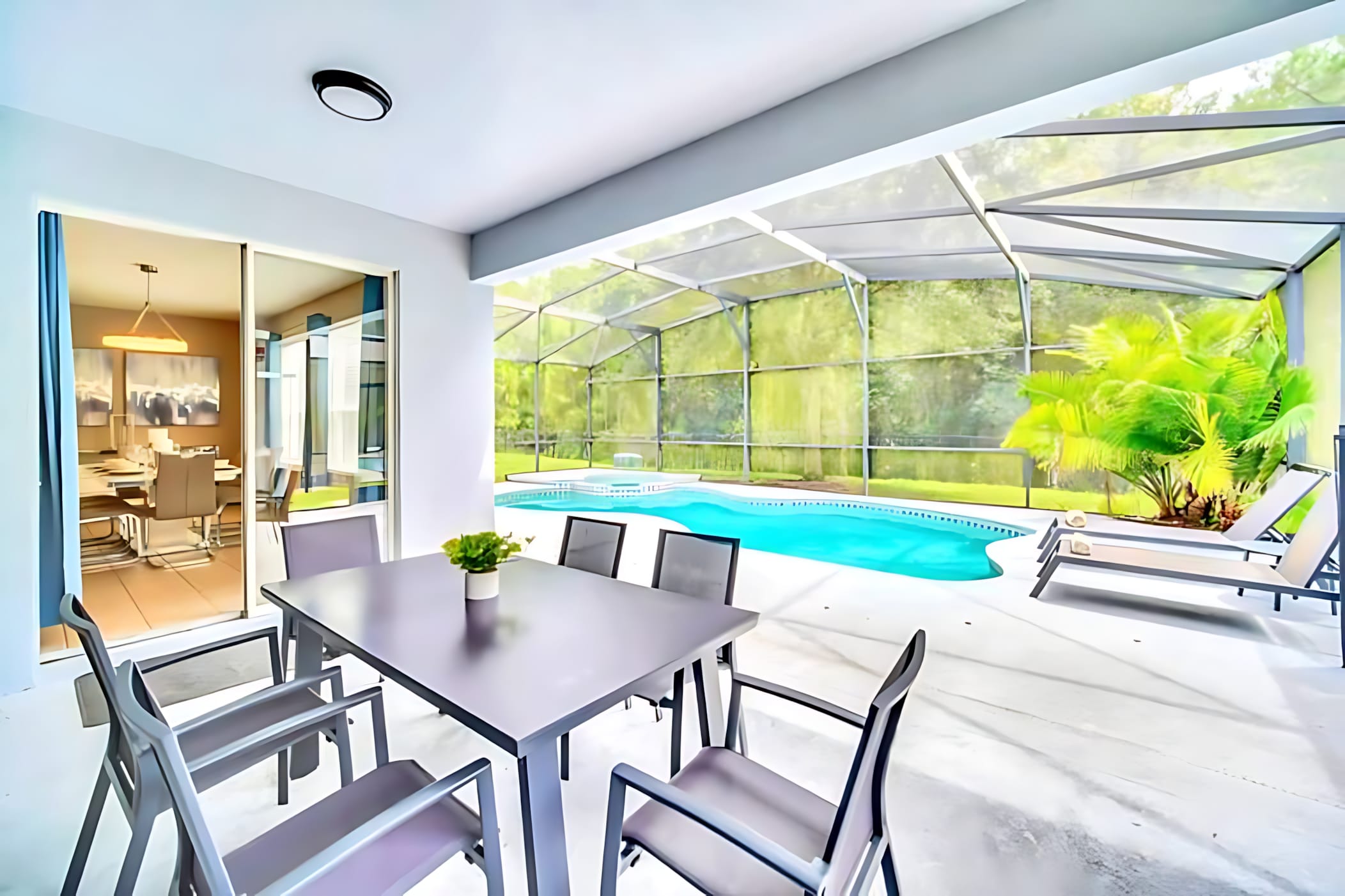 Poolside Dining Area With Table For Six And Shaded Comfort