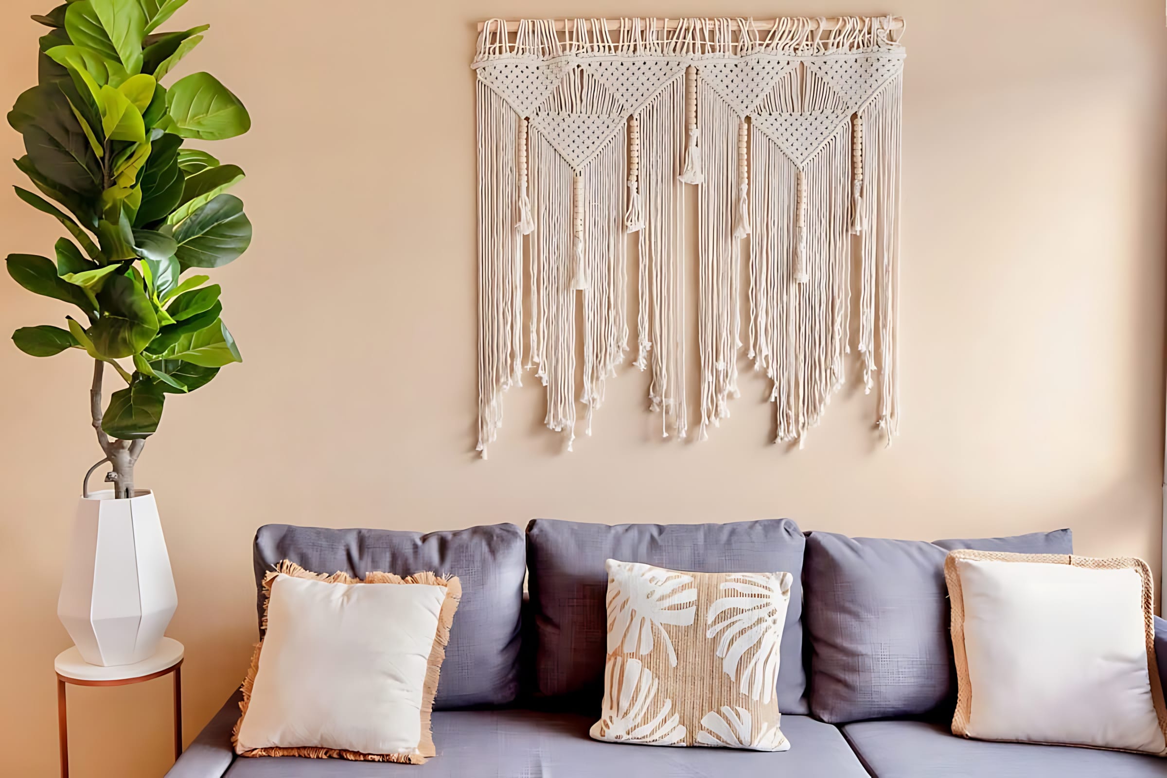 Charming Sofa Accented With Boho-Chic Macrame Wall Décor