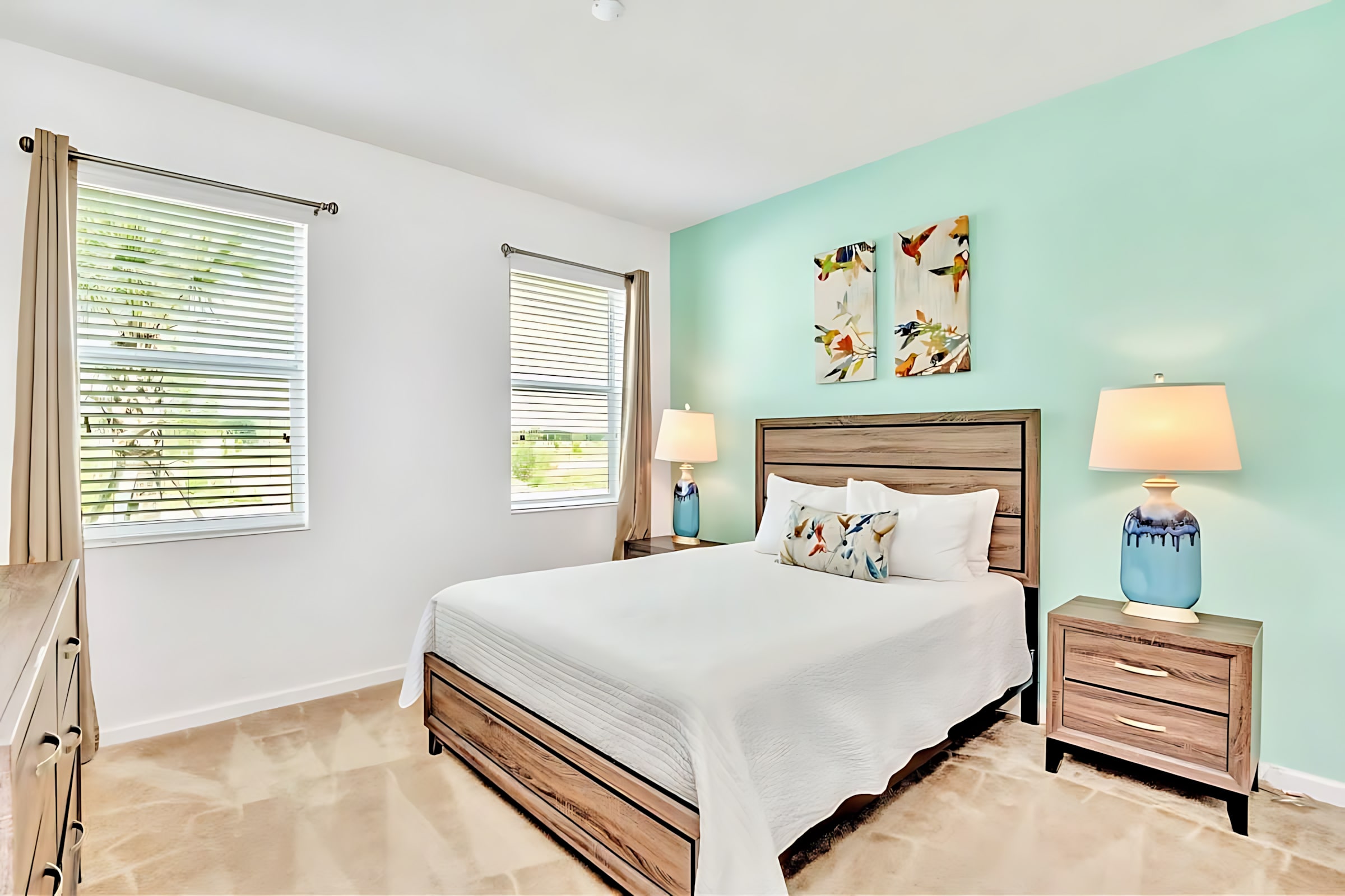 Bright Queen Bedroom With Refreshing Green Accents And Elegant Decor