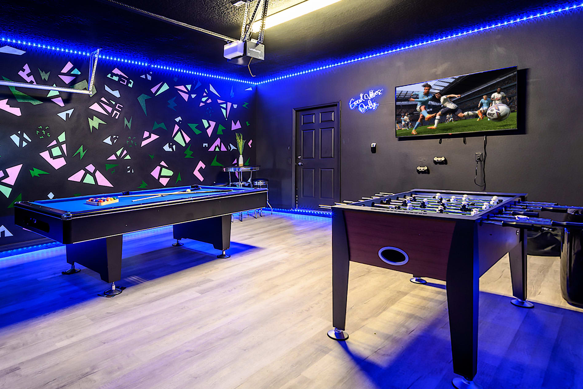 Garage-turned-games-room with billiards, foosball, and more!