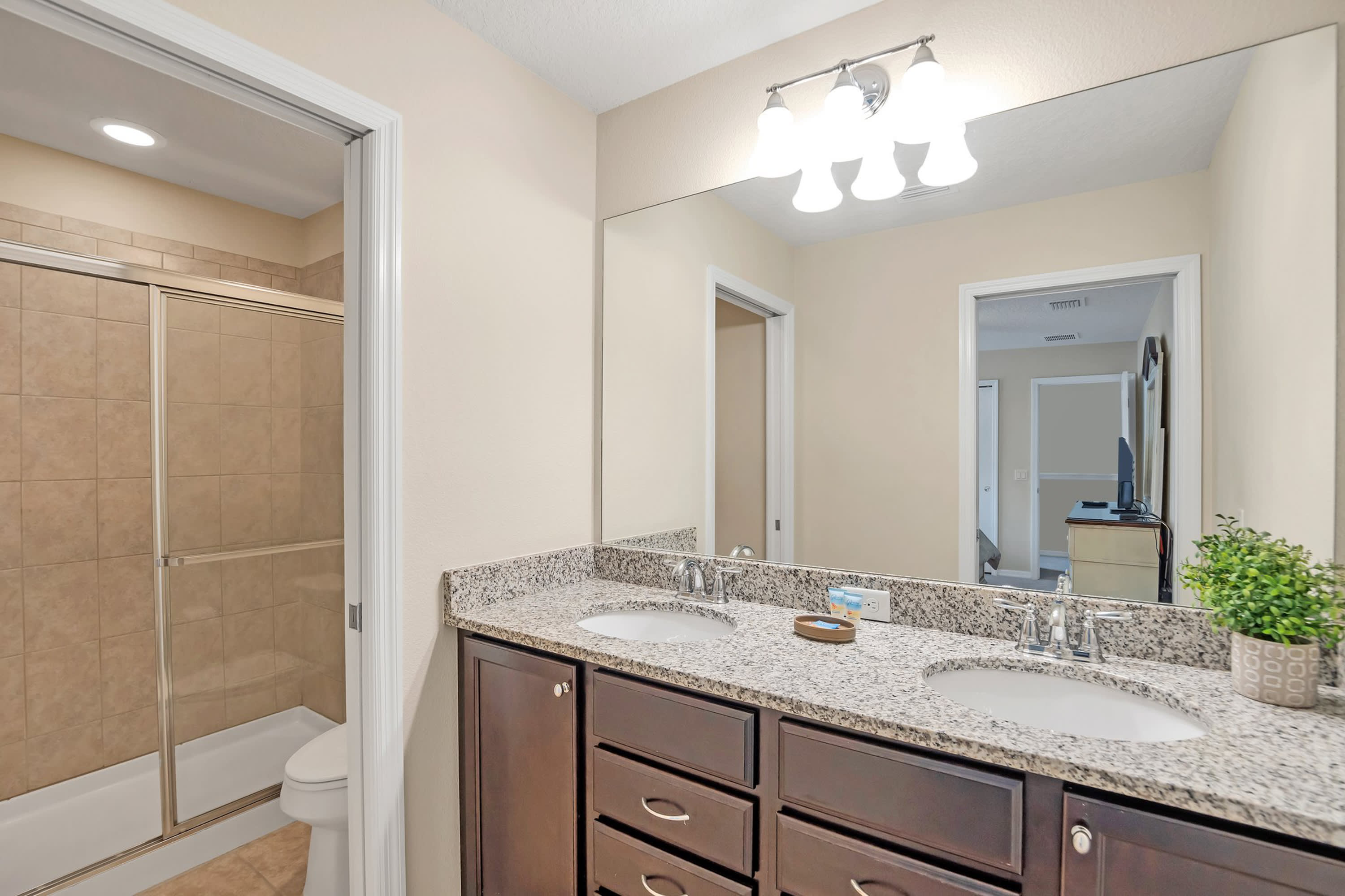 Elegant Bathroom Featuring Granite Finishes And Walk-In Shower