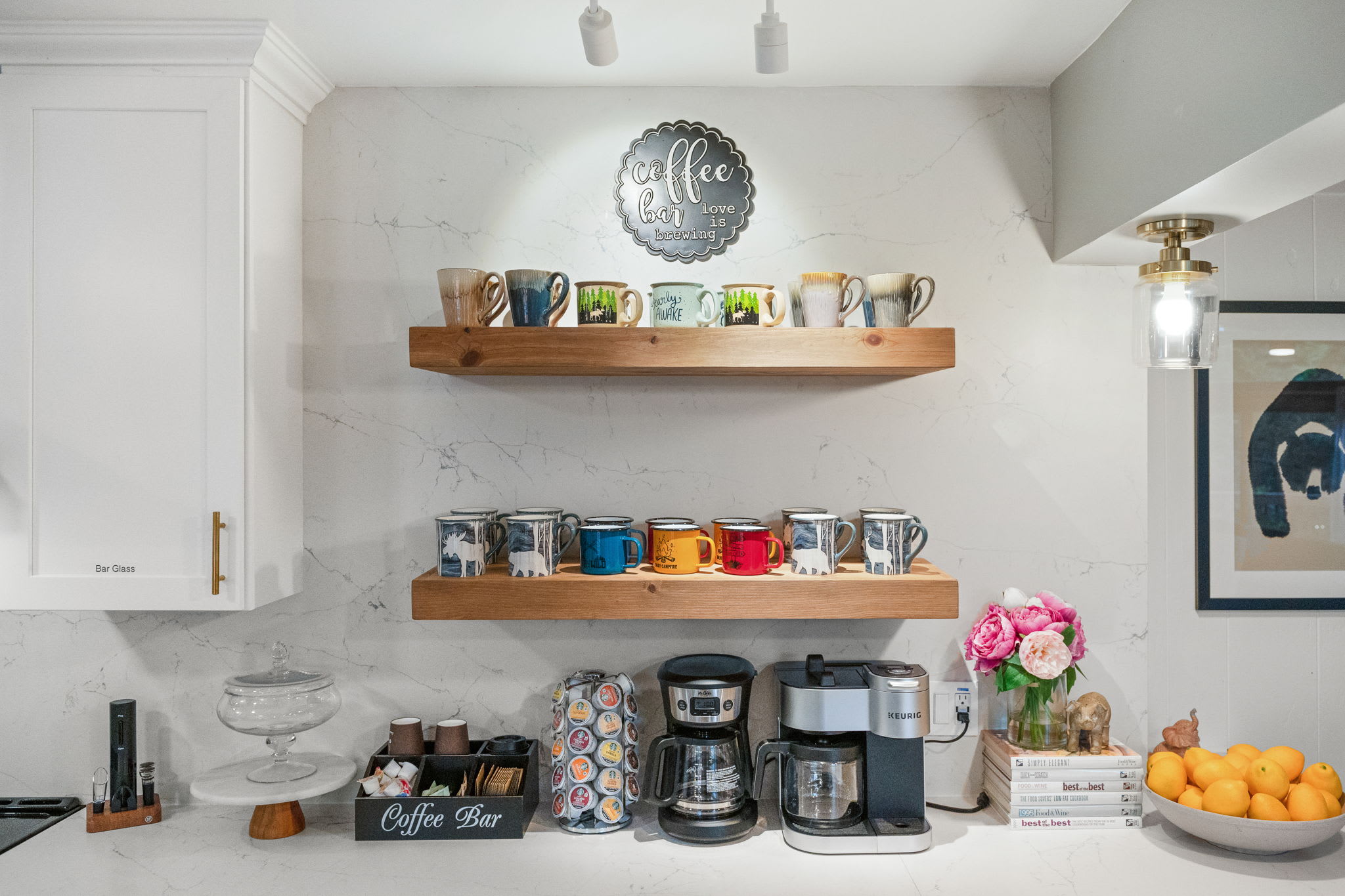 Start your day right with a fully equipped coffee station featuring a variety of mugs and brews to suit every taste.