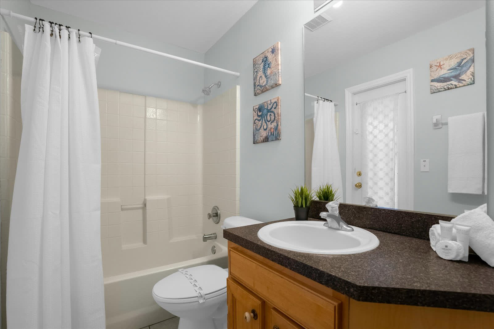 Bright Bathroom With A Shower And Modern Vanity