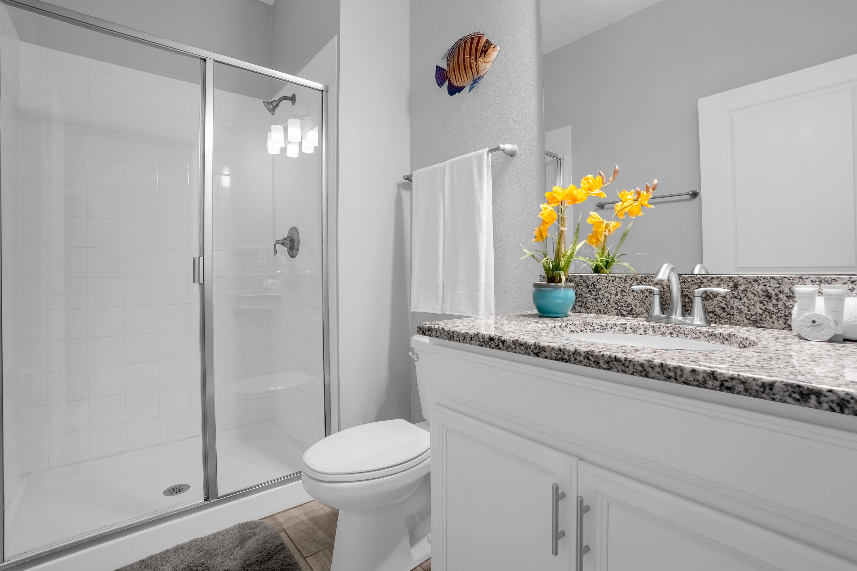 Modern Bathroom With Walk-In Shower And Granite Vanity