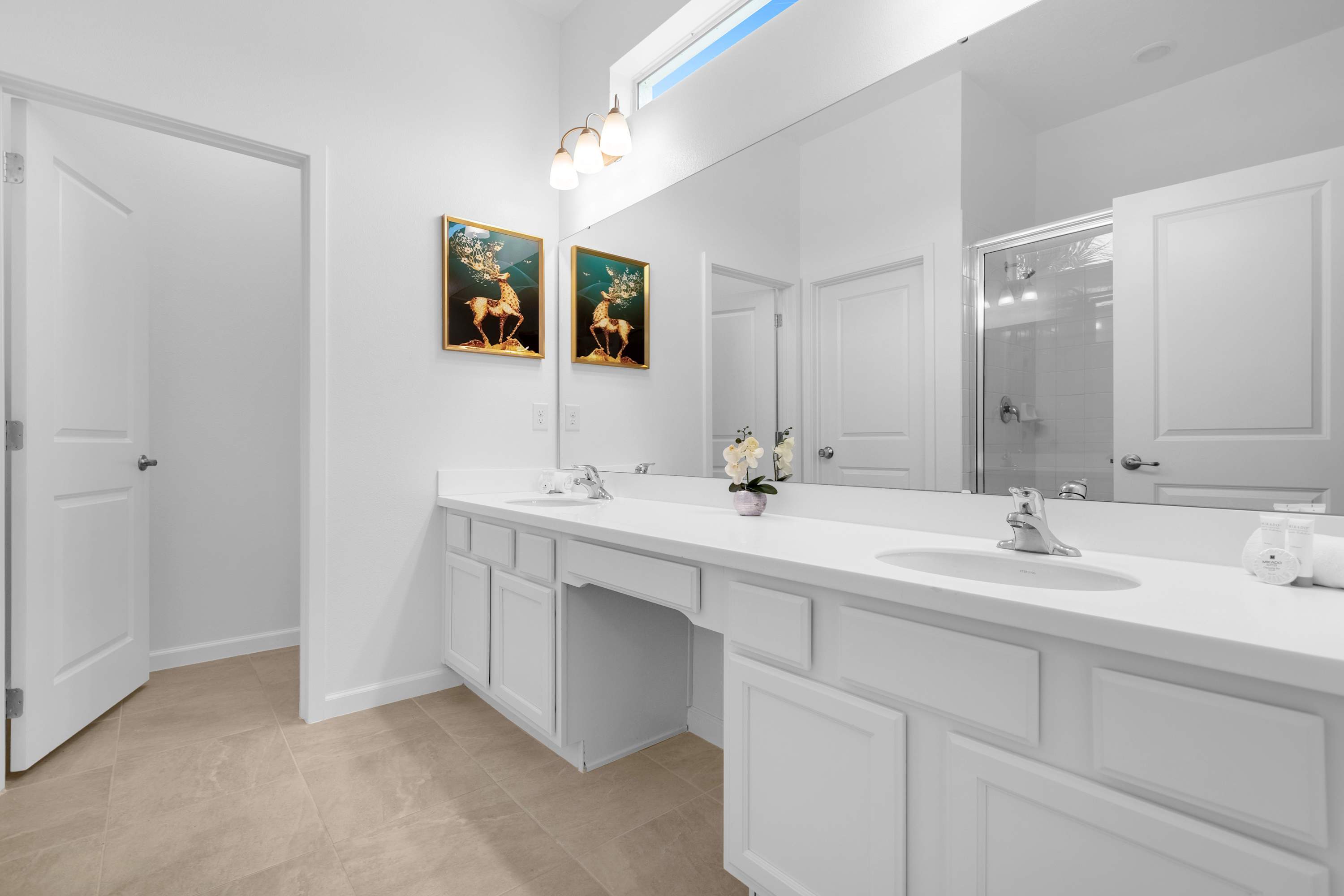 Bright Bathroom With Playful Shower Curtain And Elegant Vanity