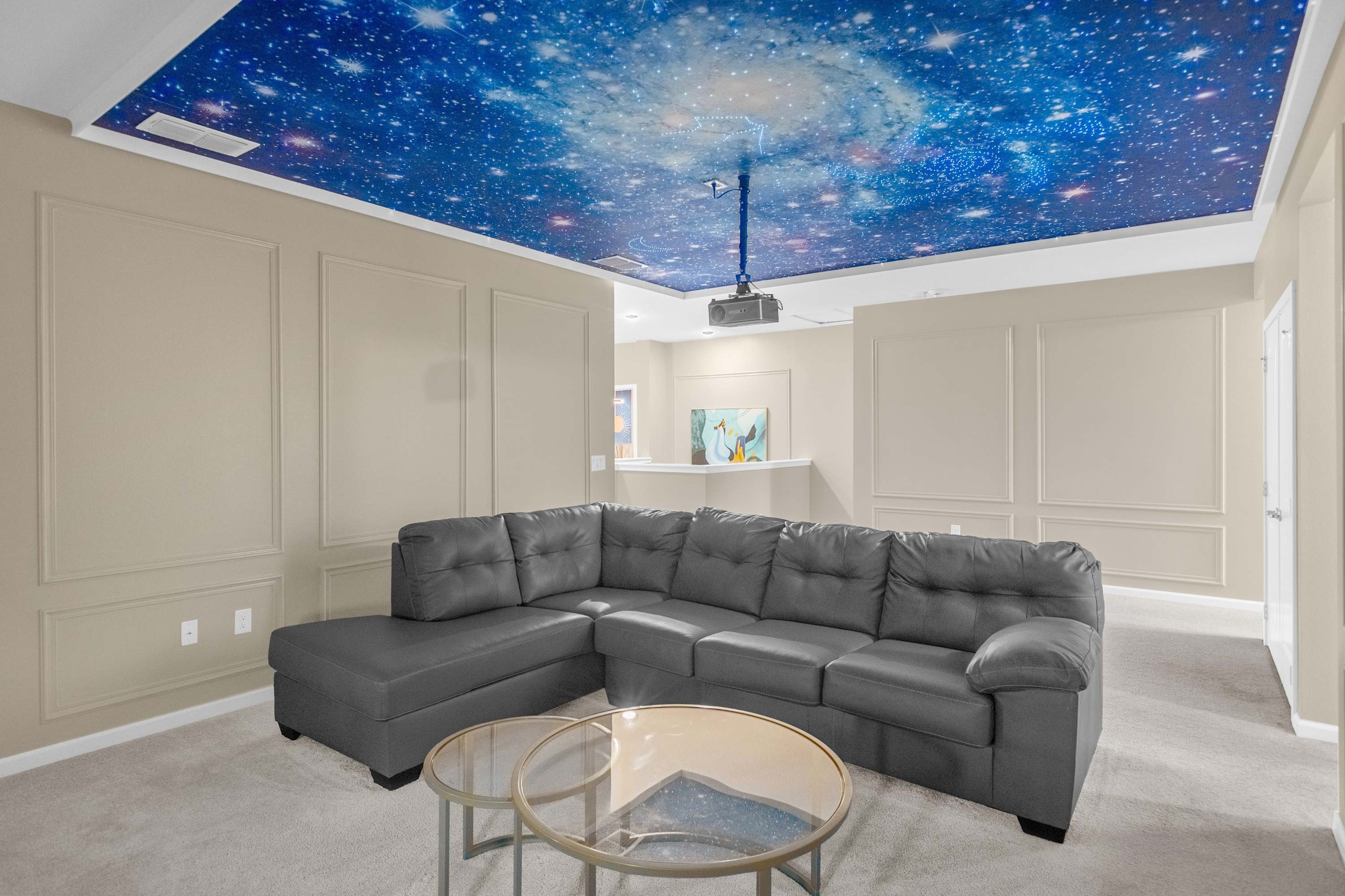 In Home Movie Theater with LIght Up Ceiling