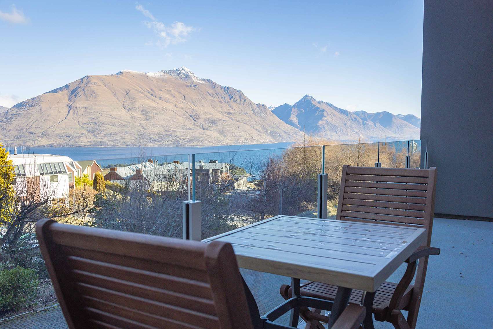 Gaze at the lake and mountains while enjoying a coffee or glass of wine.