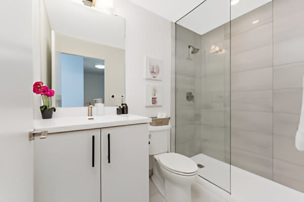 Modern Bathroom With A Large Glass Shower And Stylish Finishes