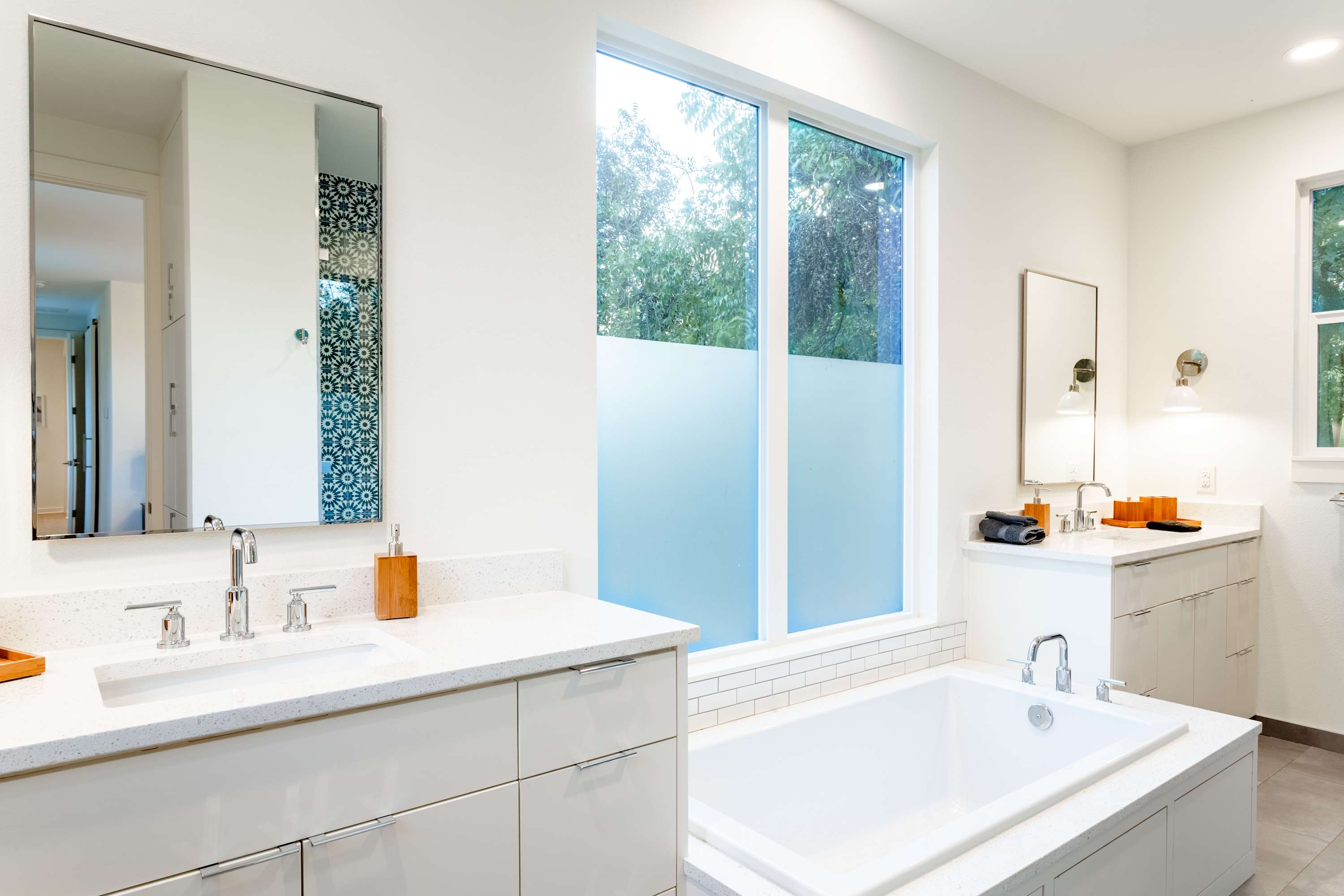 Large modern bathroom with spa-like soaker tub