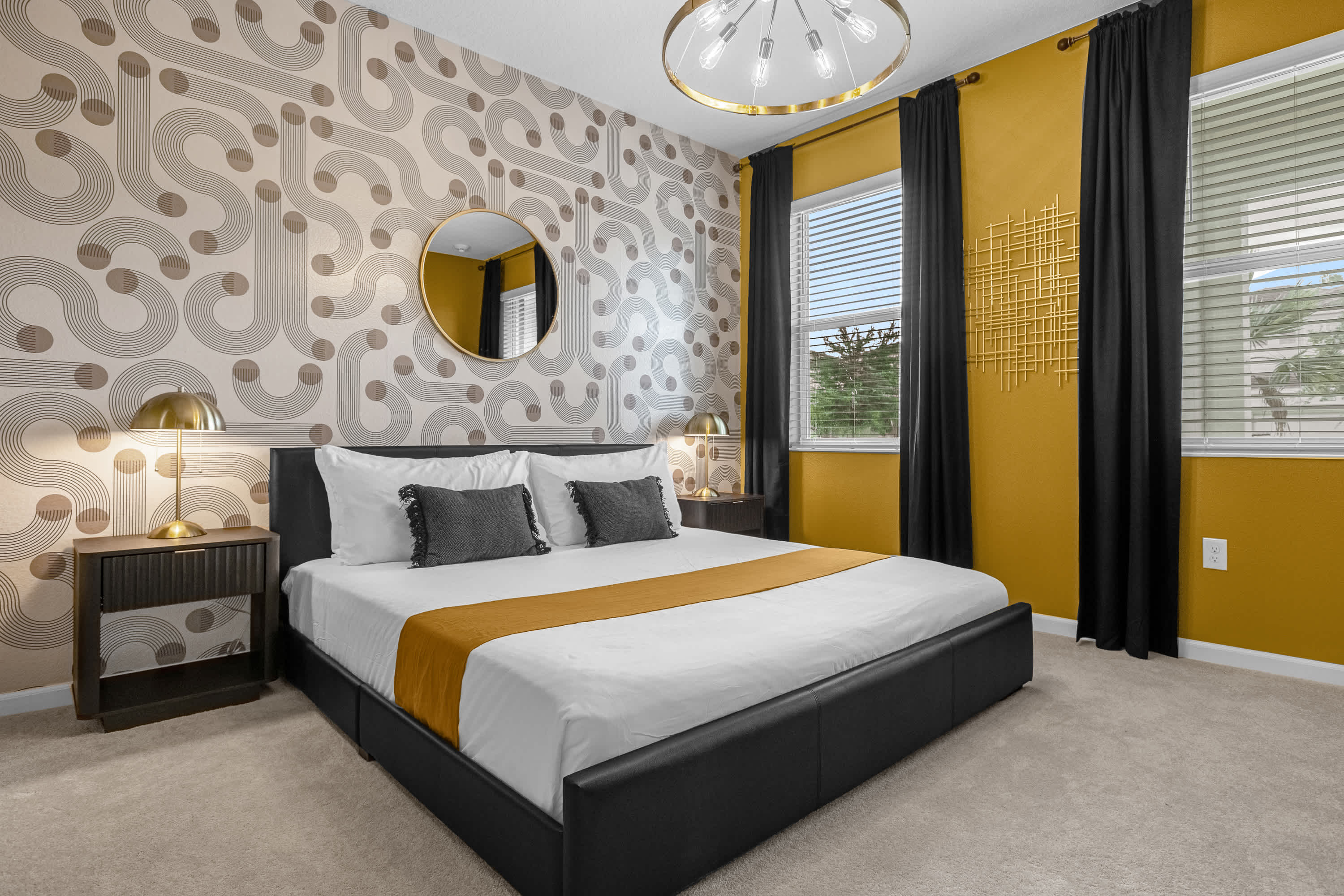 Elegant Bedroom With A Golden Accent Wall And Modern Design