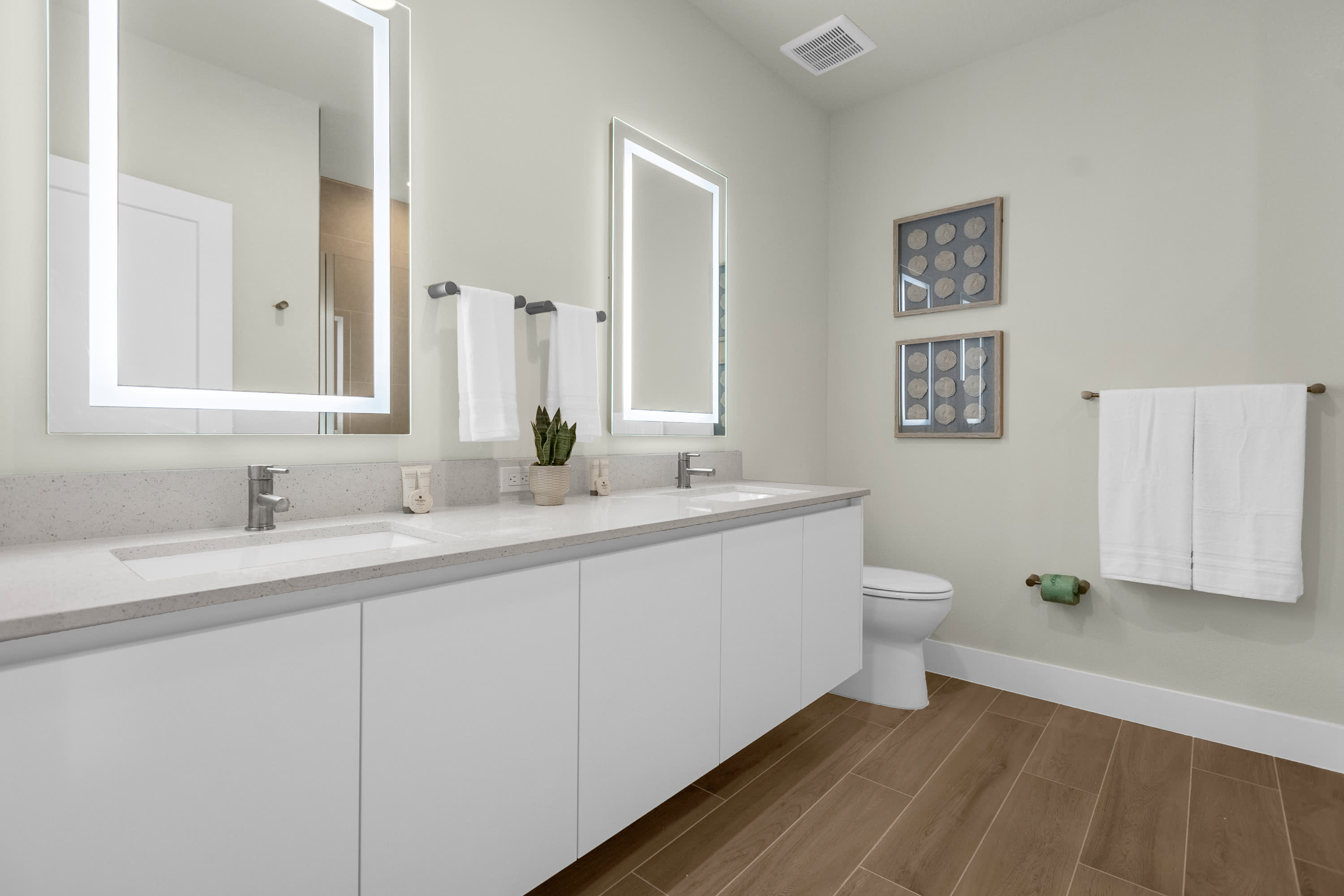 Bathroom with Double Vanity and Large Standing Shower