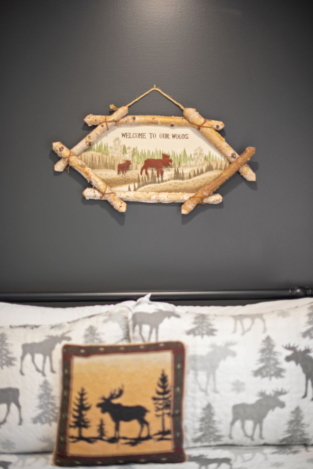 Cozy Cabin Charm
Thoughtful rustic details, from the wildlife-themed bedding to the handcrafted wooden wall art, make this room feel like a true mountain retreat.