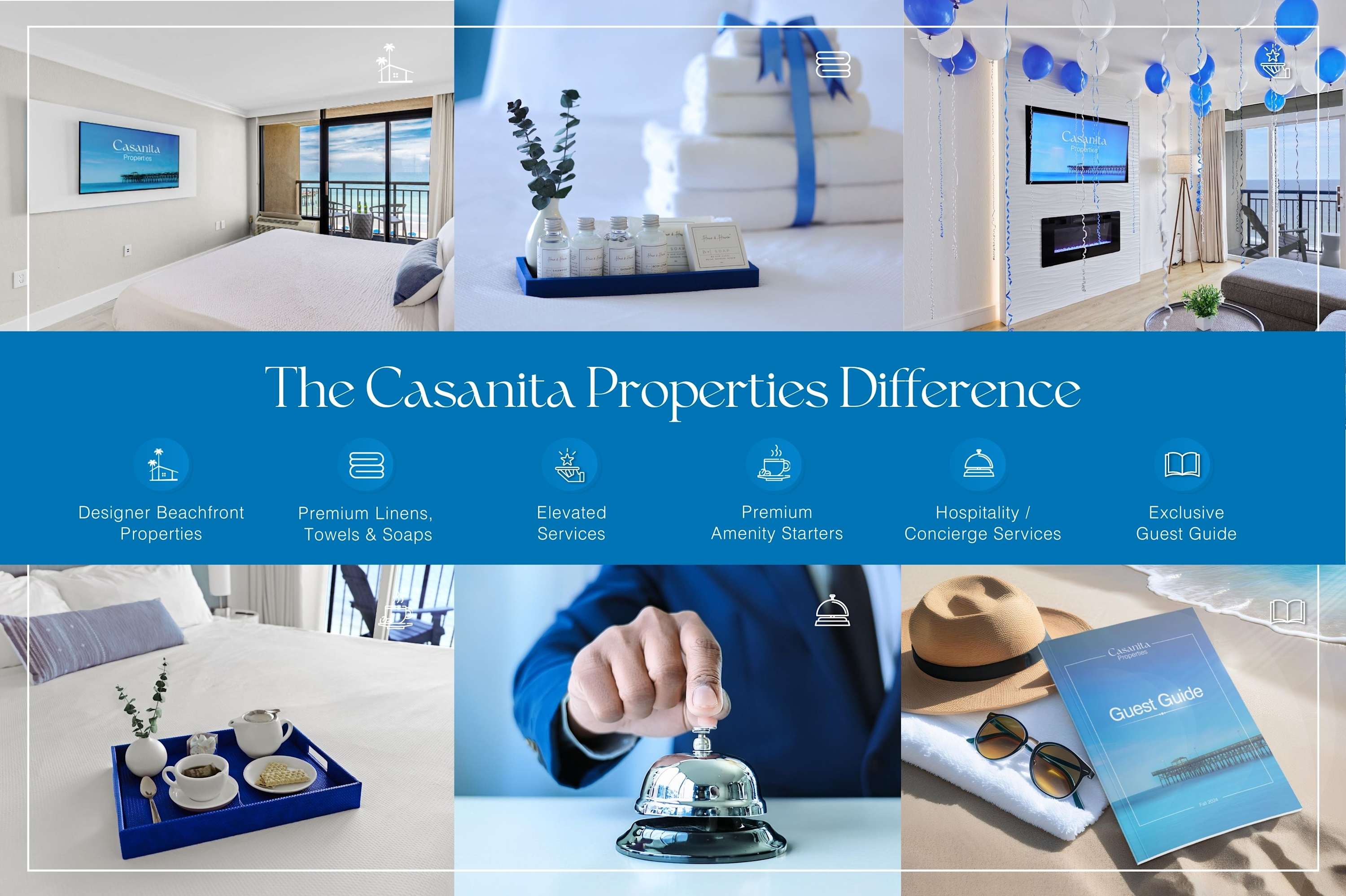 Discover the Casanita Properties Difference: designer beachfront stays, premium linens, elevated services, and thoughtful amenities. Enjoy top-tier hospitality, concierge services, and an exclusive guest guide for the ultimate vacation experience.