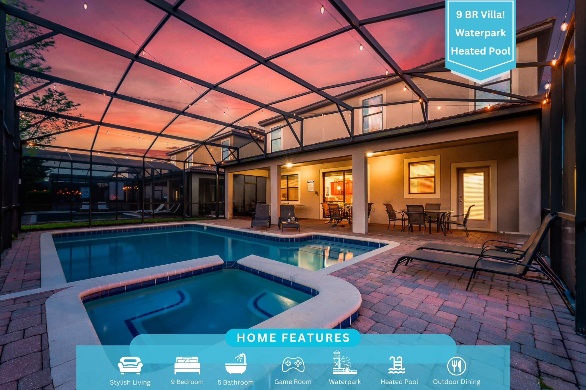 Evening-lit pool area creating a cozy vibe for nighttime swims.