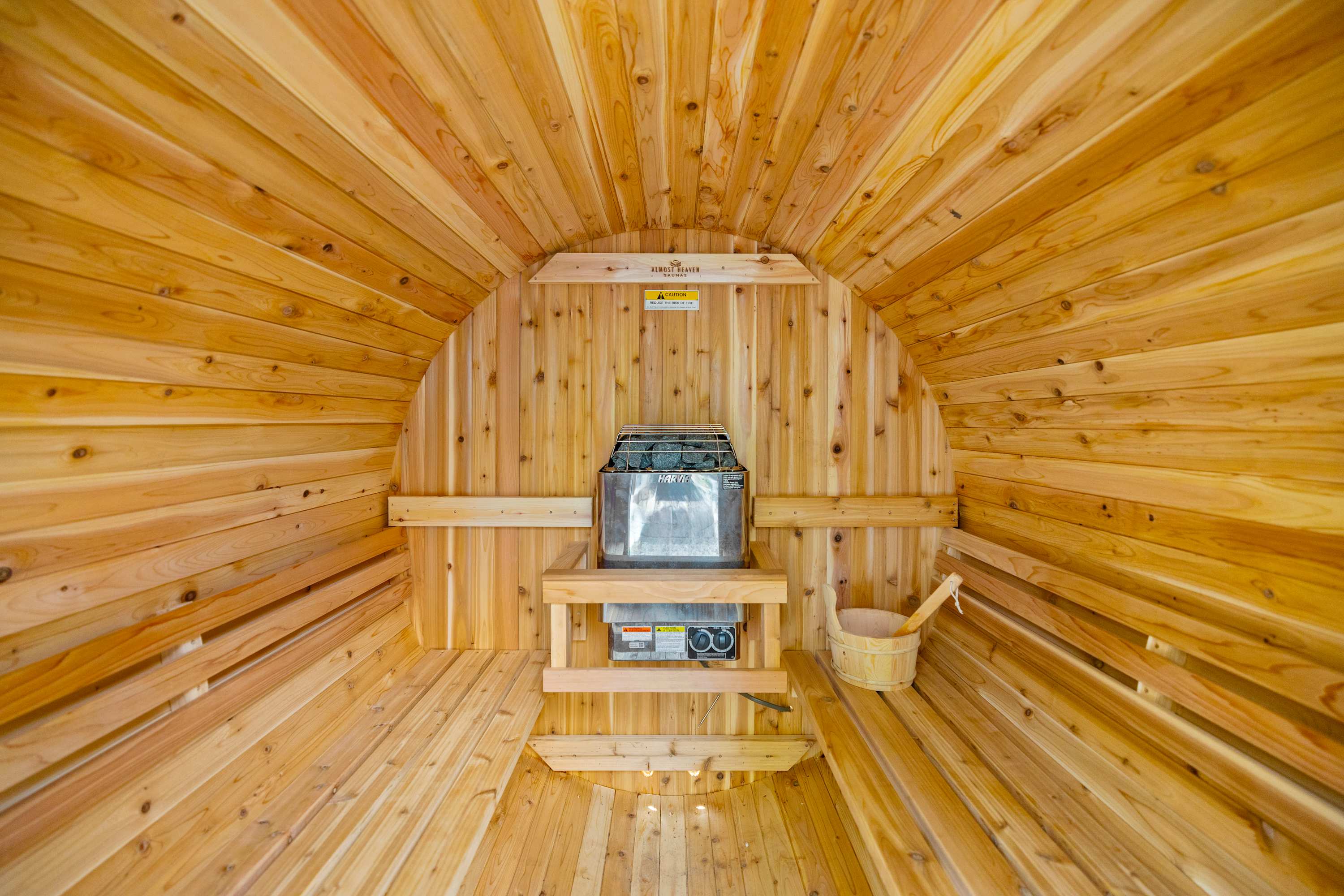 Take a peek inside of our cedar outdoor barrel sauna where you can truly become one with nature! 