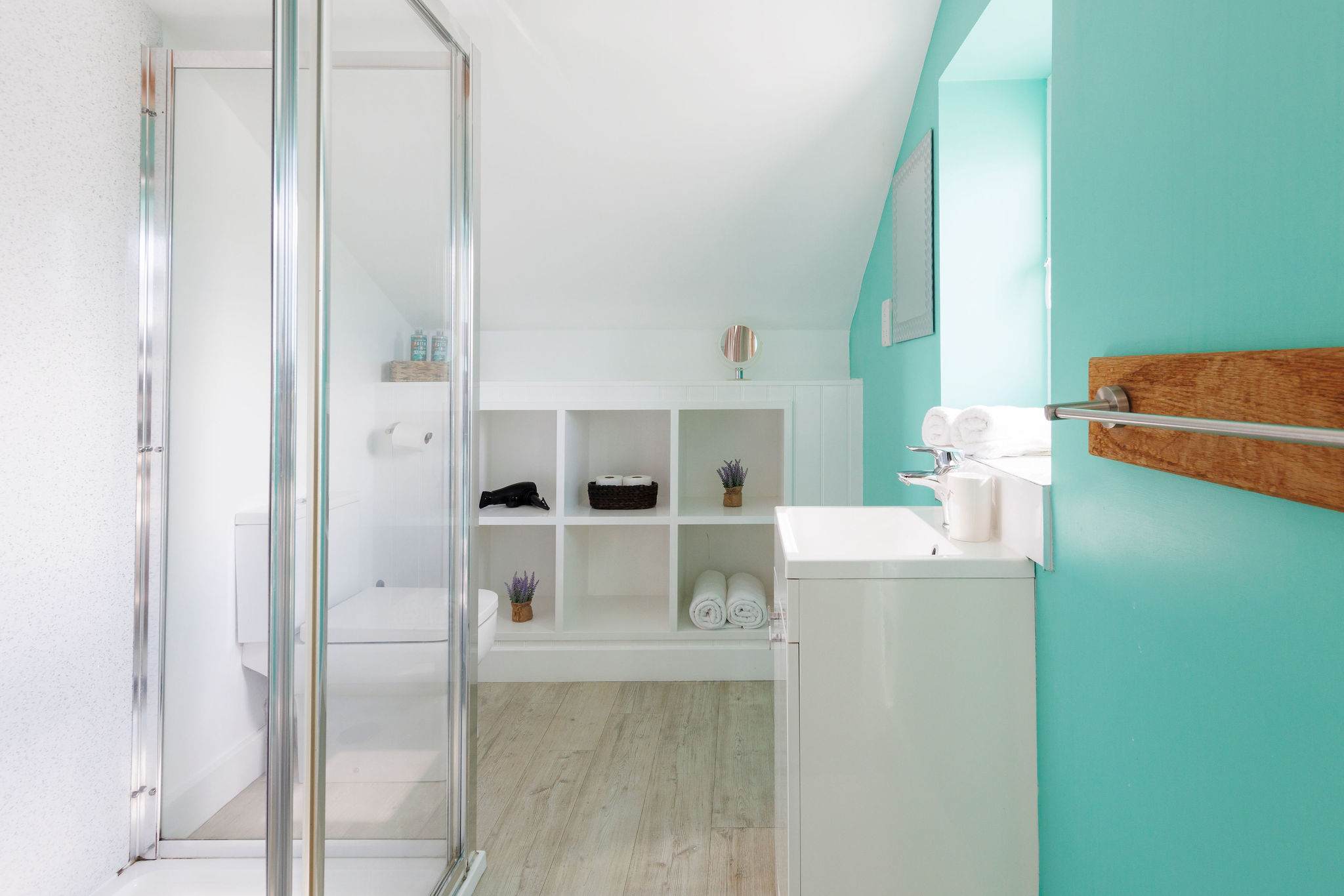 The master bedroom's ensuite has a large walk-in shower, WC and sink.