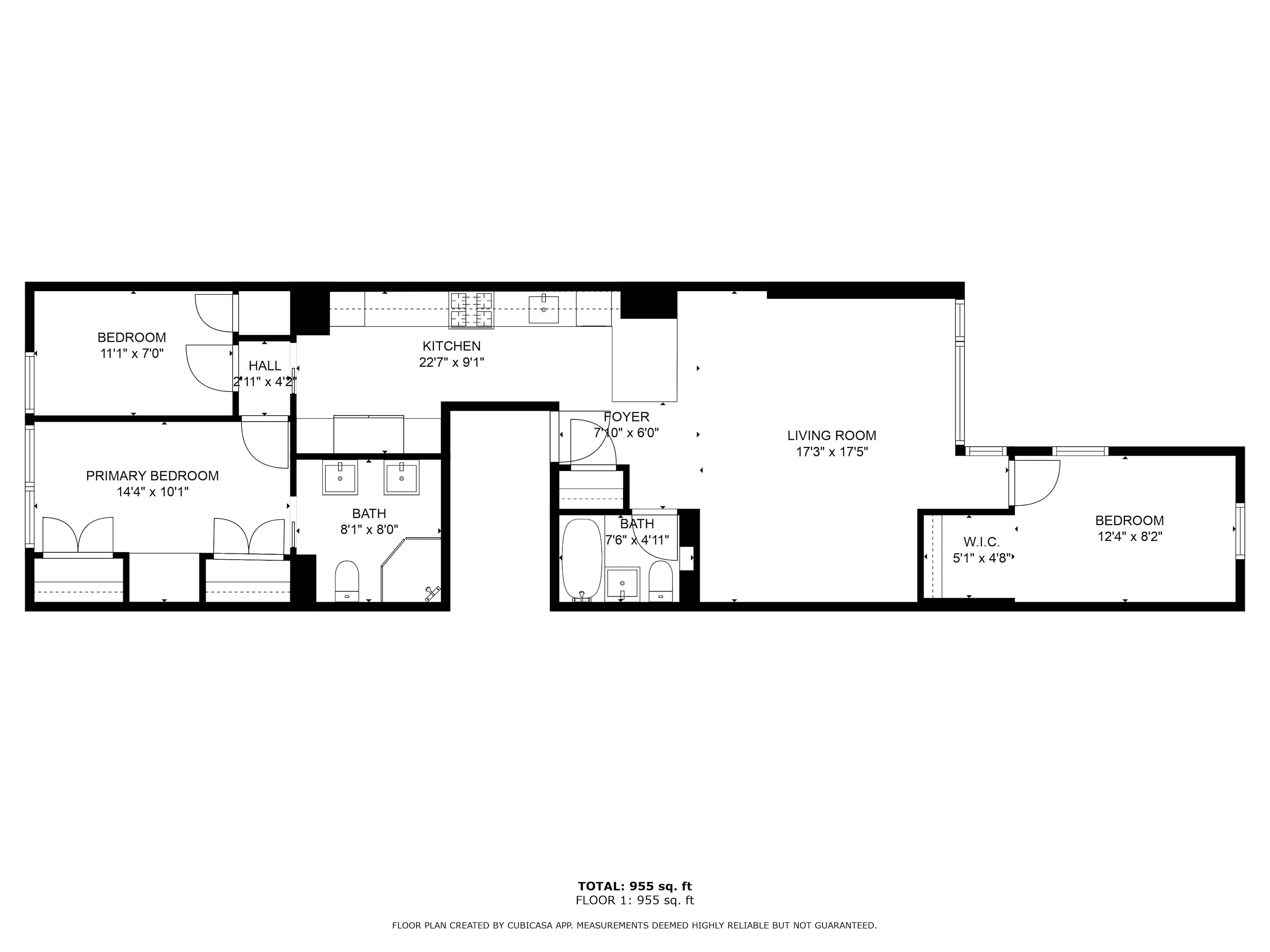 Floor plan of The Diplomat #3, totaling 955 square feet, showing bedrooms, kitchen, and living room layout.