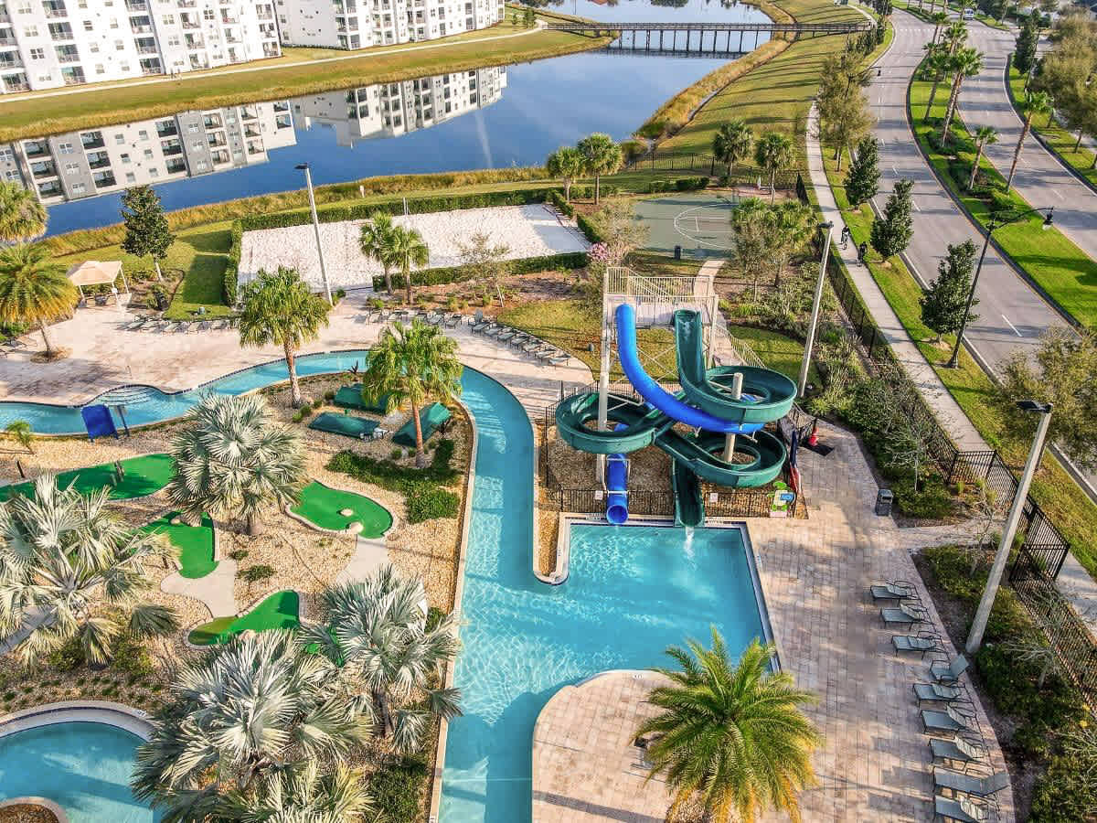 The Hideaway Club features 2 large water slides, sand vollyeball , and basketball courts