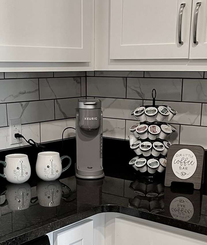 Our coffee bar has a keurig coffee maker and plenty of Kpods to get you started with a great morning cup of coffee.