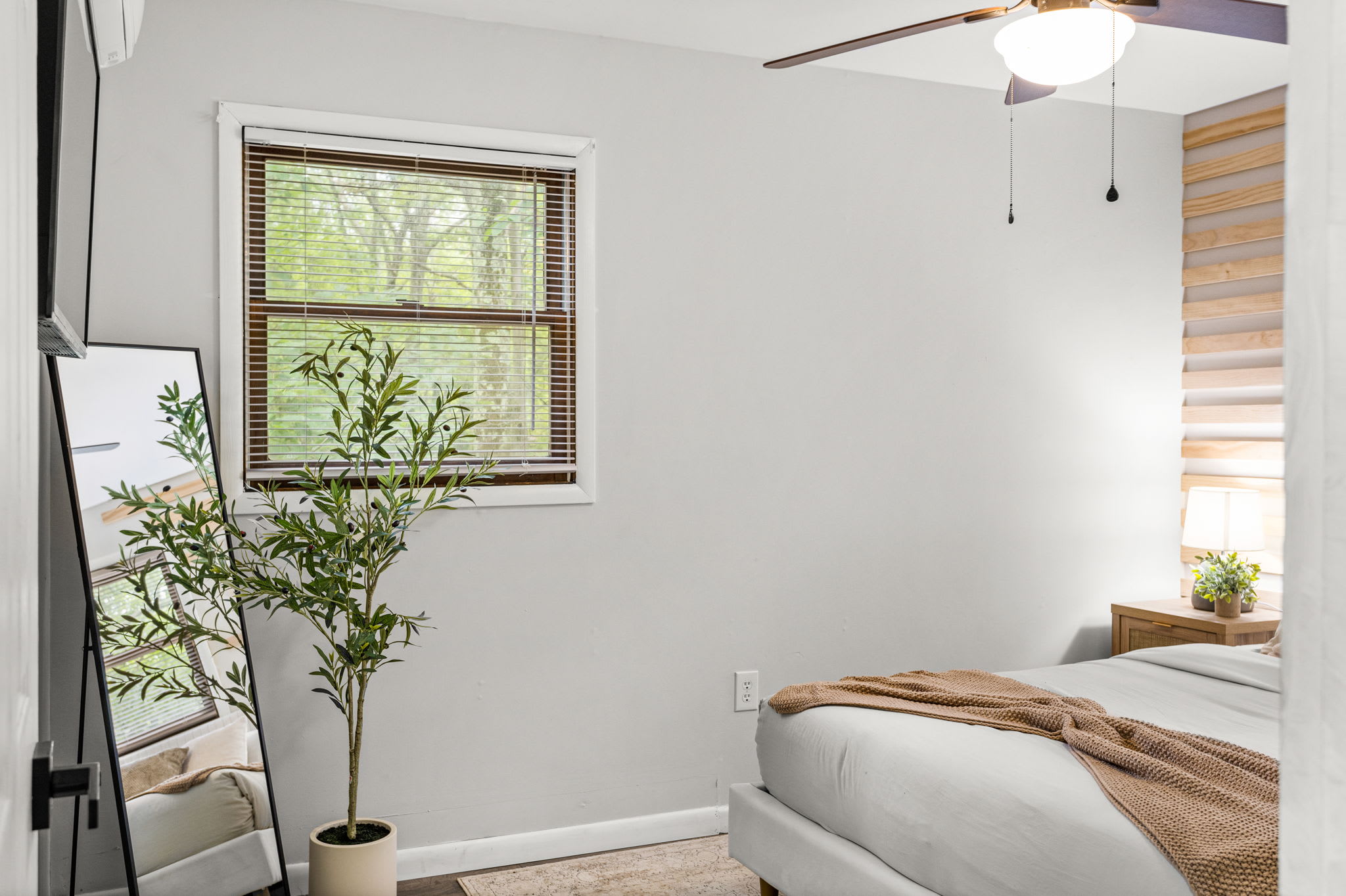 A minimalist bedroom with simple yet elegant decor, featuring a lush indoor plant for a fresh ambiance.