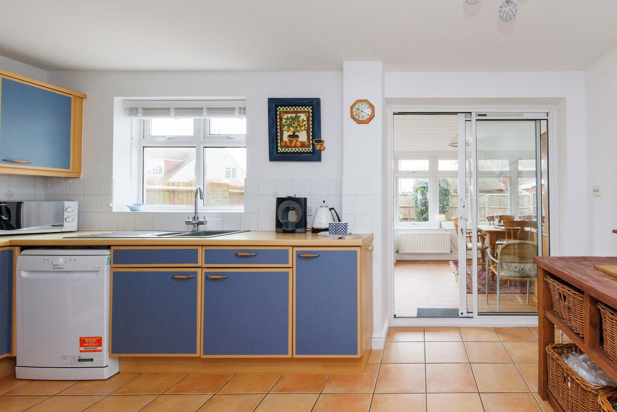 The kitchen has a dishwasher, filter coffee maker, kettle, toaster and microwave, making mealtimes a breeze.